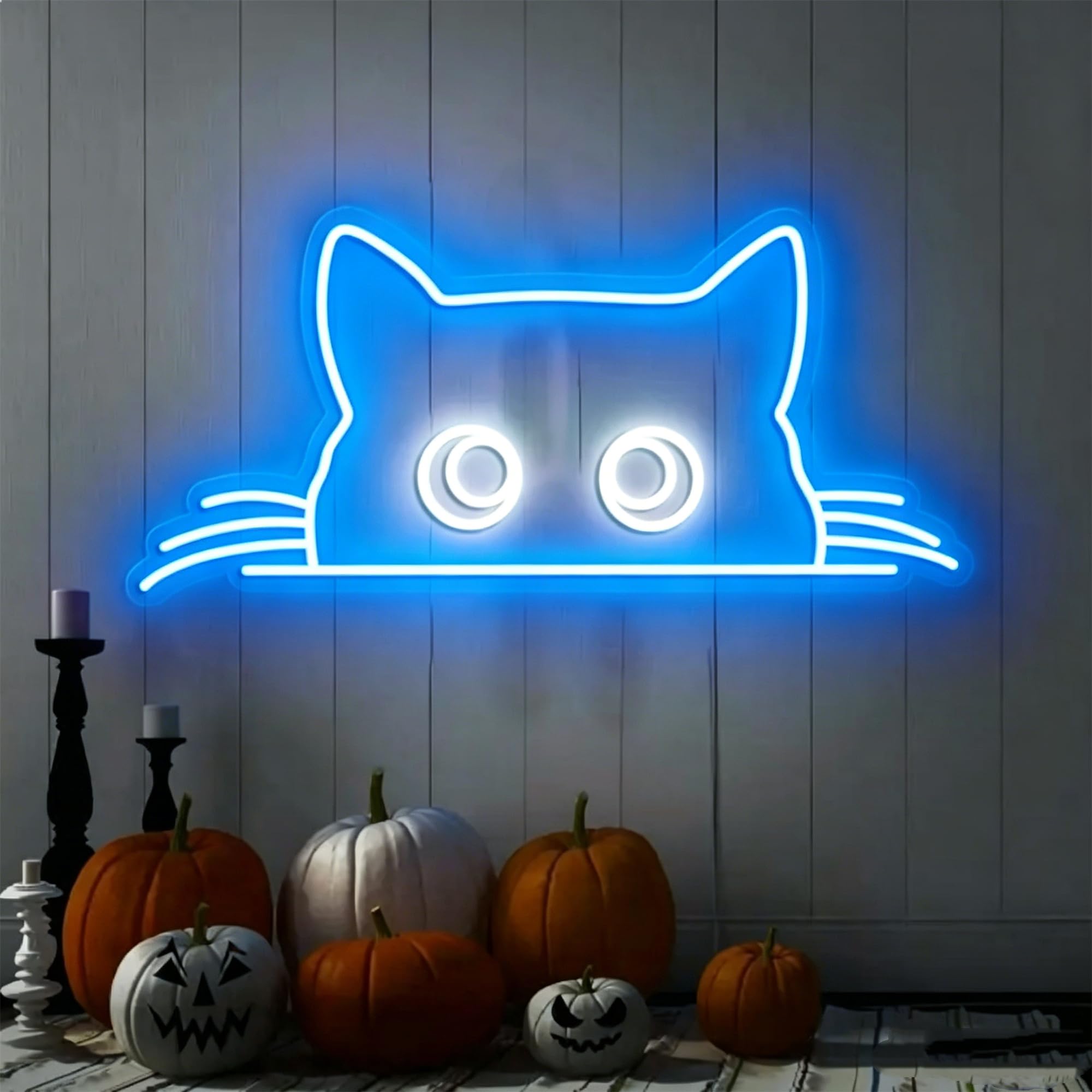 Blue Peeking Cat Neon Sign 16" x 10" with Dimmable Switch for Wall Decor, USB Powered Halloween Neon Sign for Bedroom, Living Room, Spooky Party, Indoor Home Display