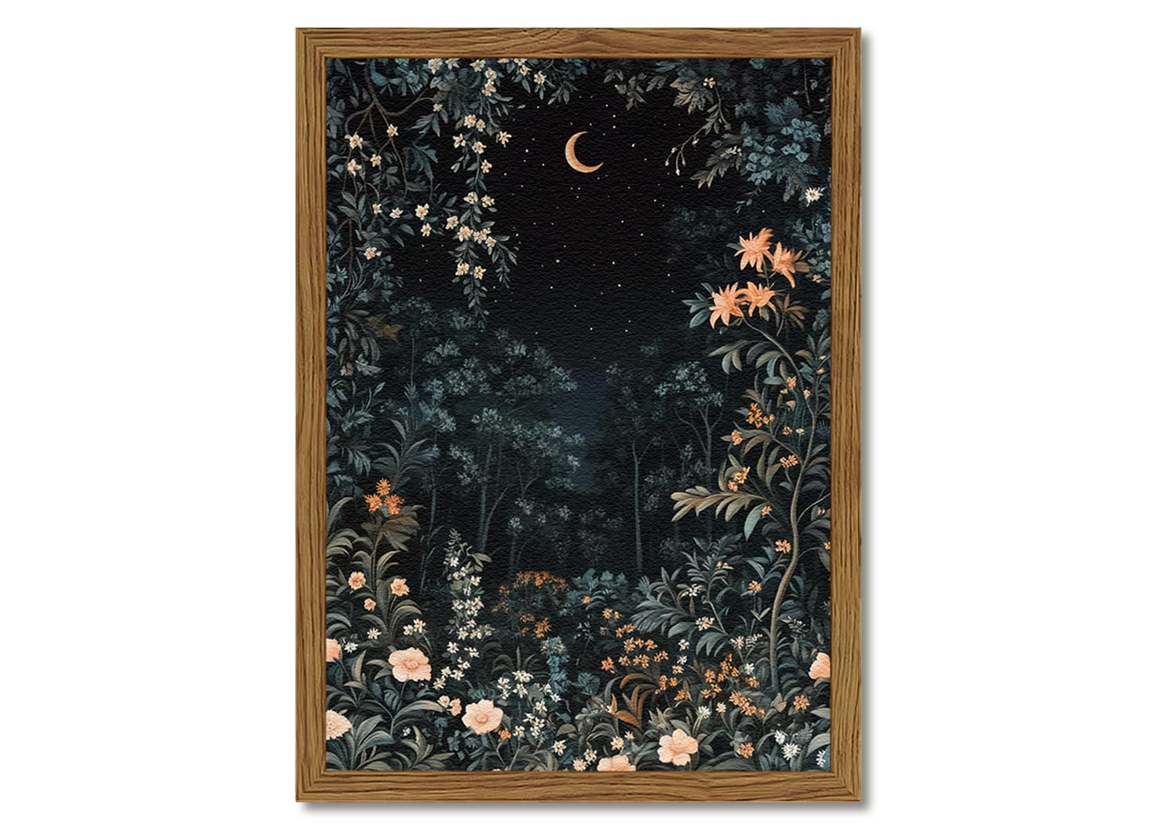 Vintage Dark Moon Botanical Wall Art William Morris Night Forest Wall Decor Paintings, 3D Texture Hand Drawn Sandstone Cottagecore Flower Artwork for Living Room Bedroom 24x16 inch Wood Framed
