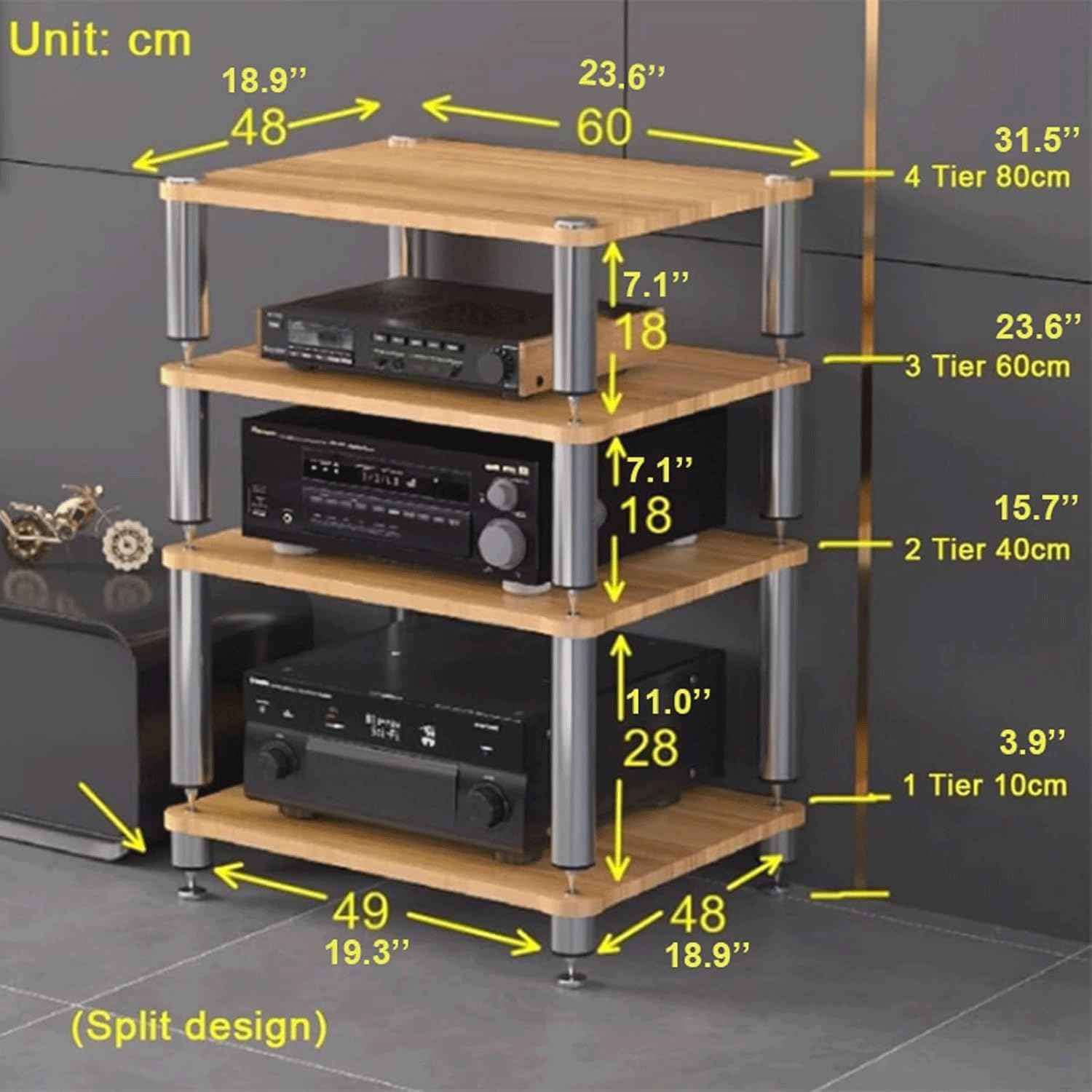 Support audio haute fidélité, support d'équipement stéréo à 4 niveaux, double largeur, finition noire durable, organisation du matériel audio, parfait pour les amateurs de musique