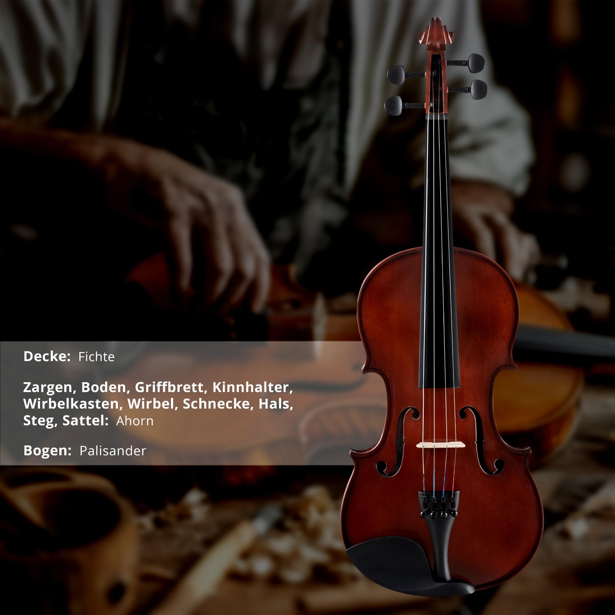 Classic Cantabile VP-100 Set Violino 4/4, Tavola armonica: abete massello | Fondo, ponticello, fasce: acero, Tastiera, chiavi, capotasto: legno duro, Mentoniera: plastica, Cordiera: metallo
