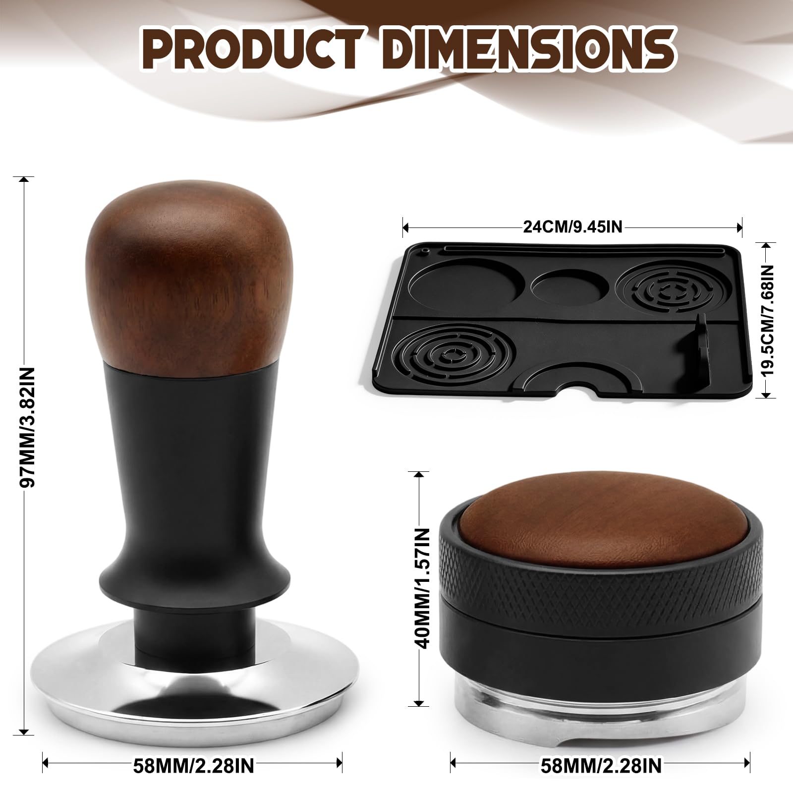 Tamper Café 58mm Professionnel, Distributeur de Poudre 58mm et Tapis en Silicone – Kit Barista Premium pour Espresso, Base Inox, Manche Bois, Outil de Tassage Compatible Porte-Filtre 58mm