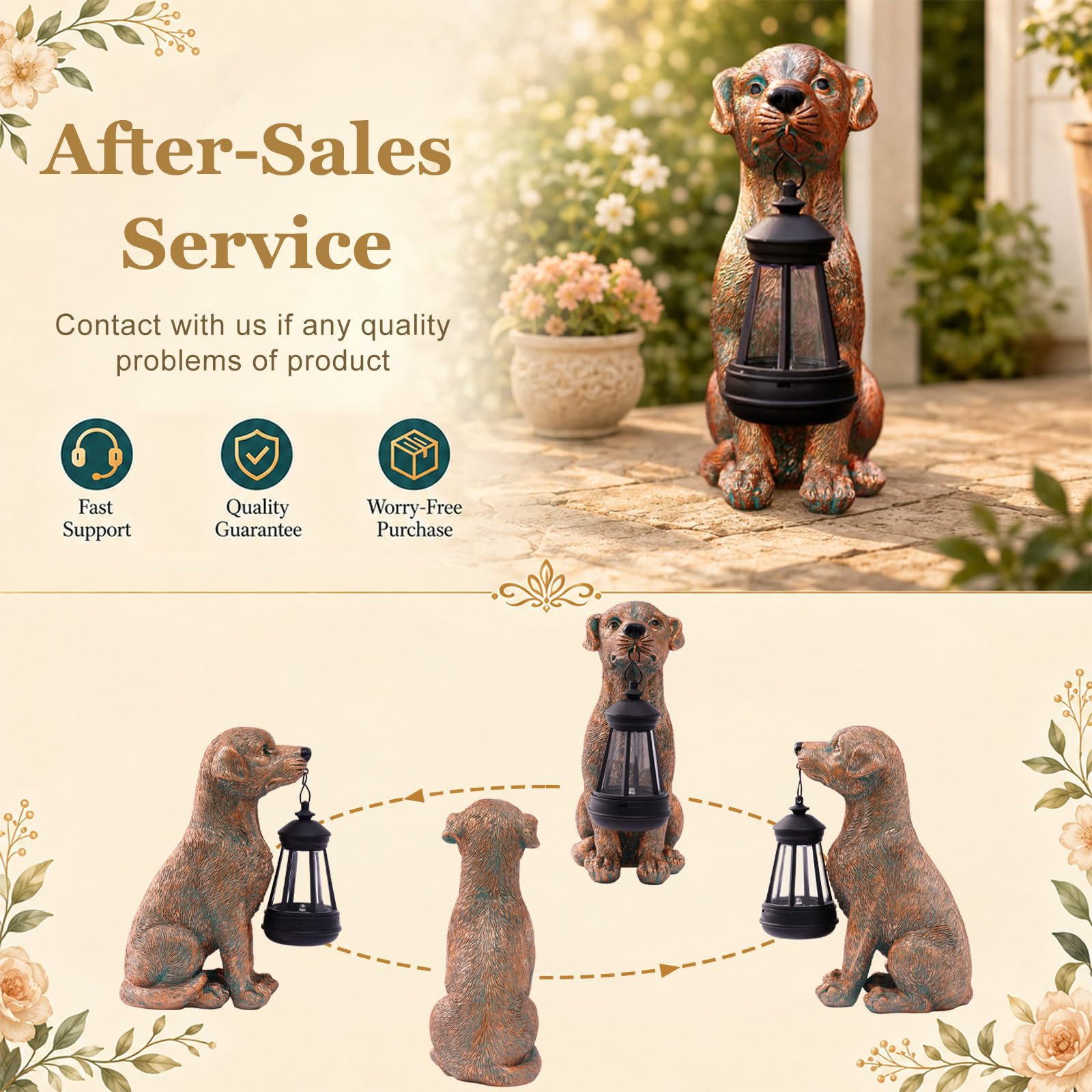 Yeomoo Statuetta a forma di cane con lanterna solare, decorazione da giardino in resina, per esterni, rame