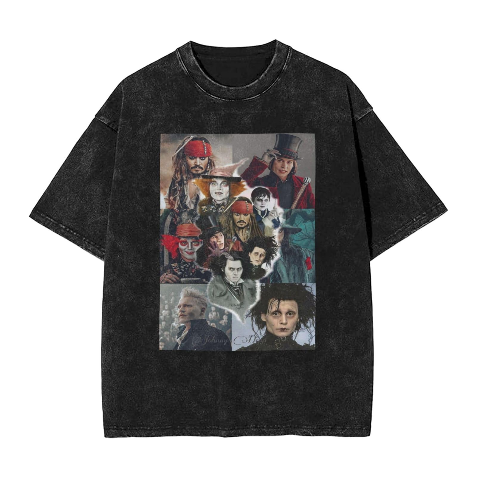 Viplili Unisex Black Johnny Actor Depp T-Shirt Washed Vintage Shirt Print Crewneck Tops Tee Short Sleeve T-Shirt For Men, Women, 5 Sizes