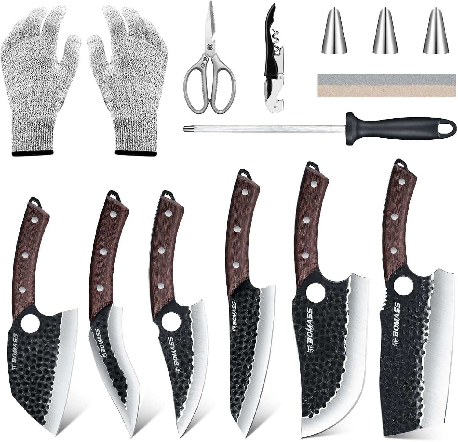 Cleaver Butcher Knife Set of 13, Hand Forged Meat Knife, High Carbon Steel Kitchen Boning for Cutting with Roll Bag & Accessories Kitchen BBQ Outdoor Gift for Men