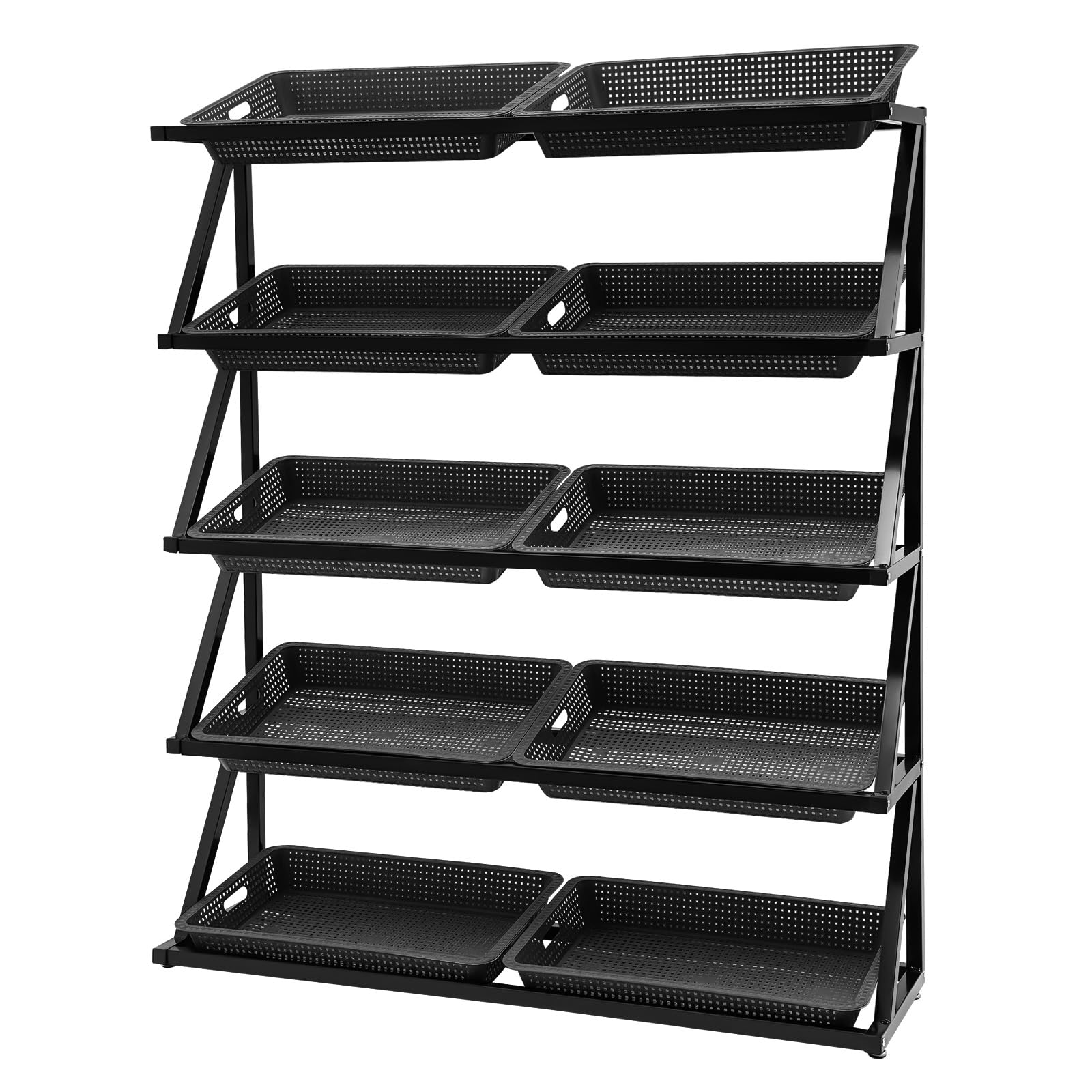 NINSHEIN 5-Tiers Black Supermarket Retail Rack Display Stand with 10x Baskets Freestanding Retail Display Shelves to Put Fruits Snacks Toys for Store 49.2 * 13.8 * 59in