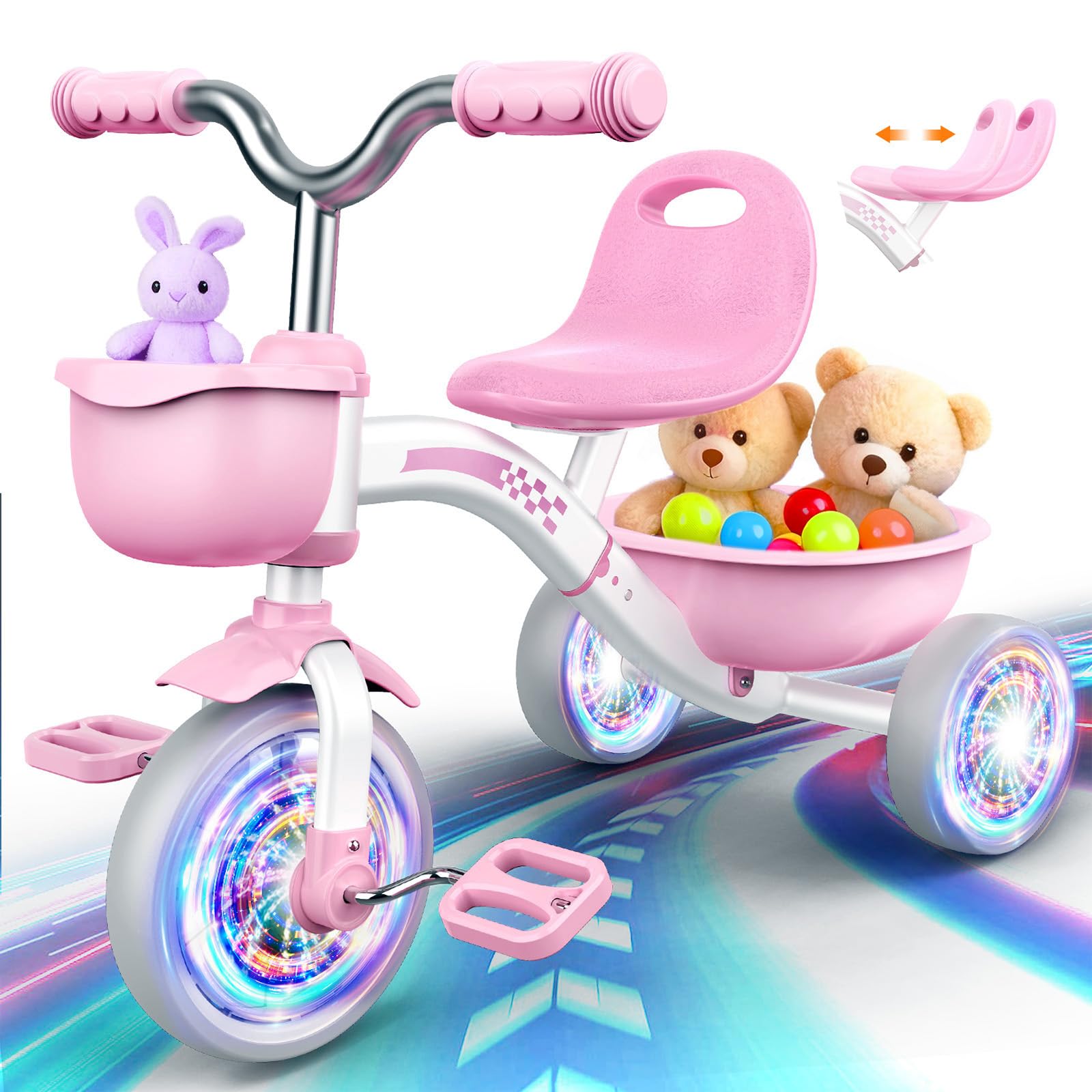 Kkdi Toddler Tricycle for 2-4 Year Old, 2 3 4 Year Old Girl Birthday Gifts, Toddler Baby Bike, Outdoor Riding Toys for Ages 2-4, 3-Level Adjustable Seat, 3 Color Light Wheels