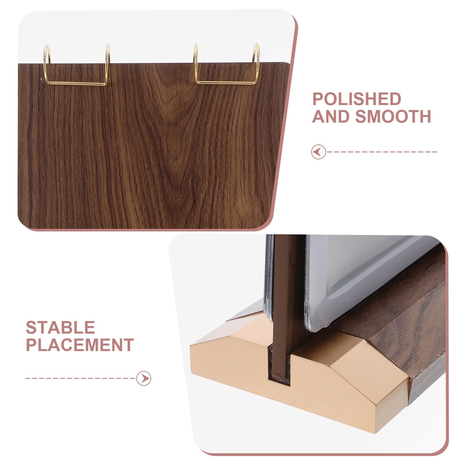 Soporte para Letrero de Mesa A4 de Nogal, 6 Páginas | Doble Cara con Base, Madera, Plástico E Hierro, para Menús y Tarjetas en Cafeterías y Restaurantes