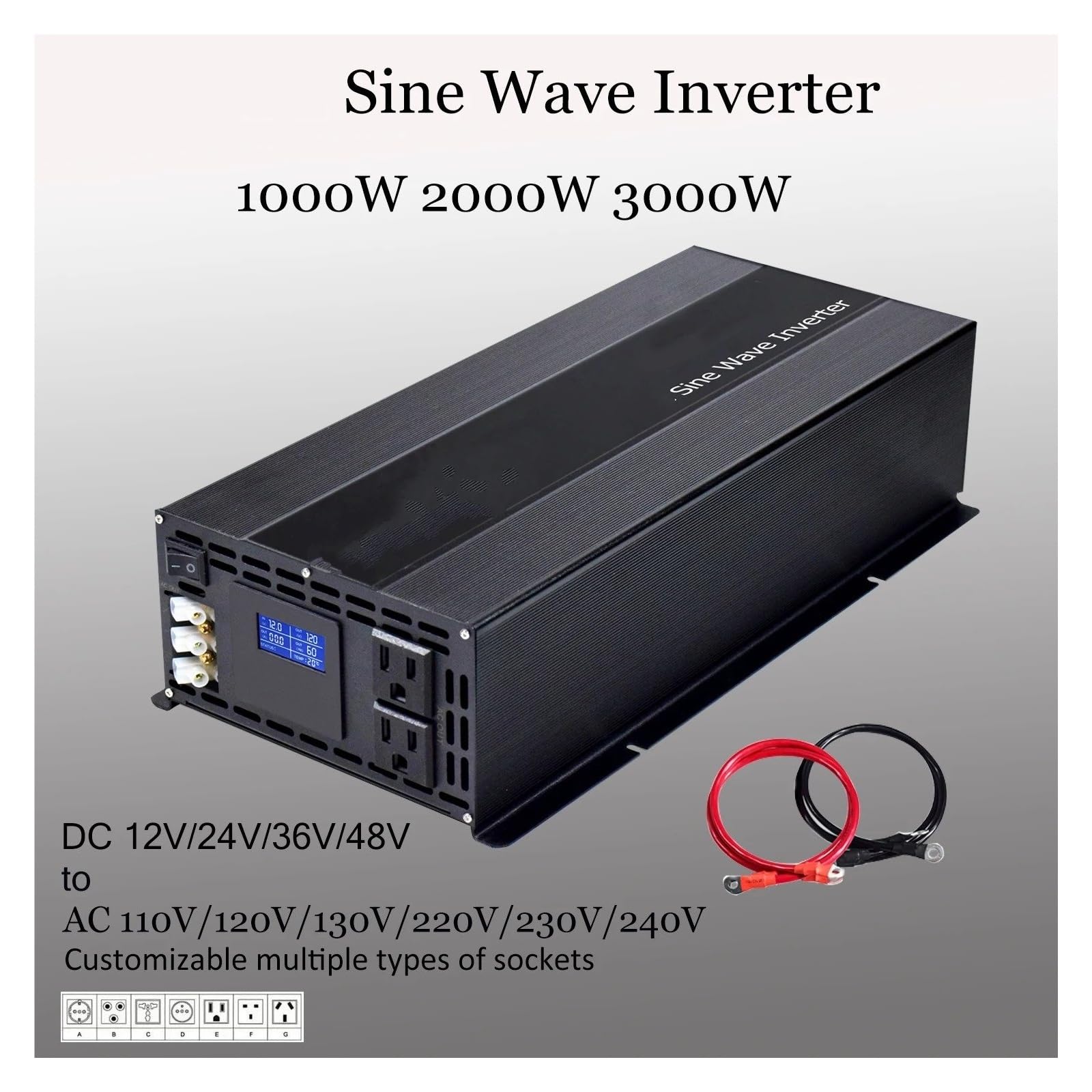 Inverter Convertisseur Hors Réseau 1KW 2KW 3KW Onduleur Onde Sinusoïdale pour Batterie Panneau Solaire 12V/24V/36V/48V DC 110/120V/220V/230V/240V AC(2000W,24V,100V)