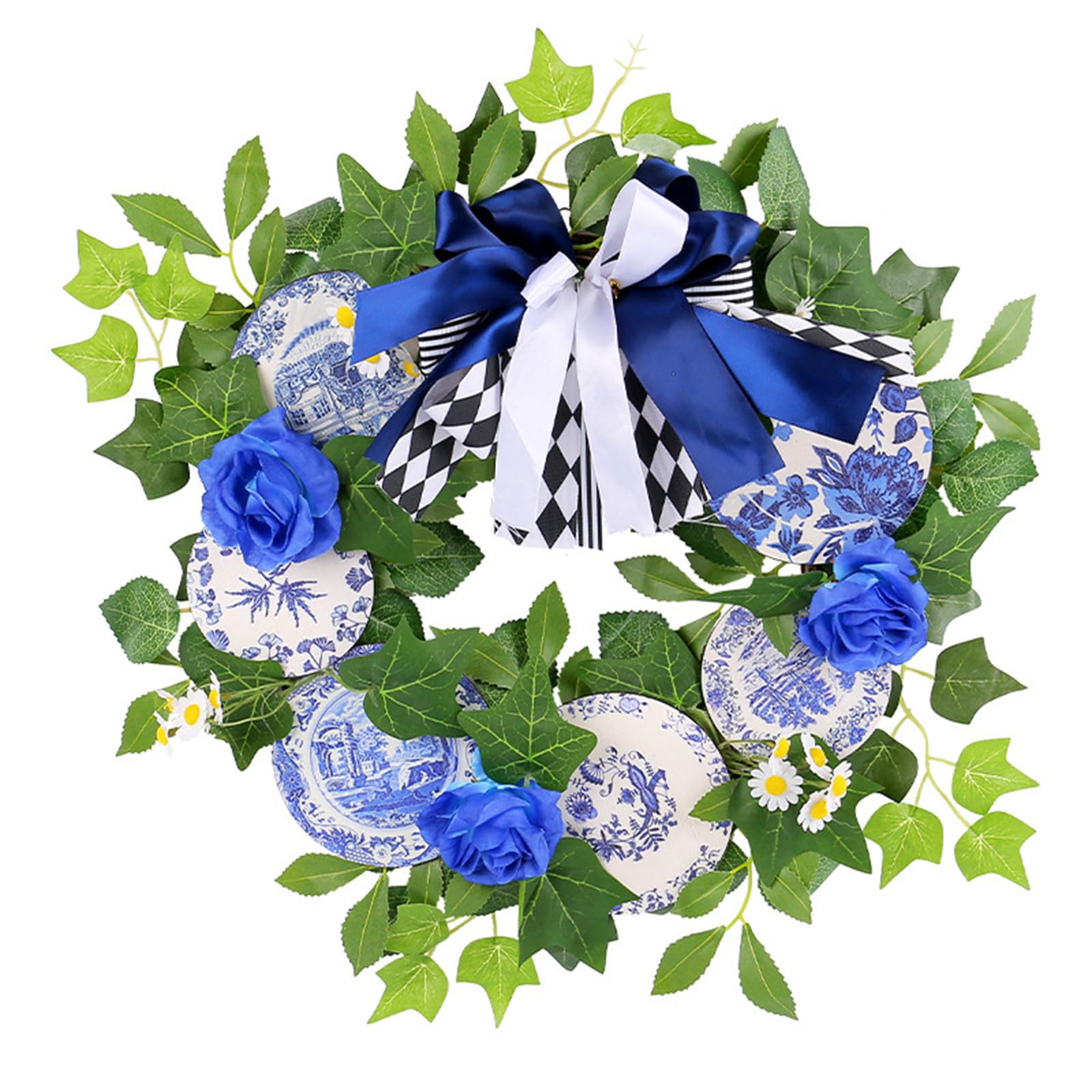 Buxuaaaa Artificial Wreaths Garlands Wooden Sign Blue and White Porcelain Wreath Wall Decor Front Door Wreath Decoration Artificial Flower