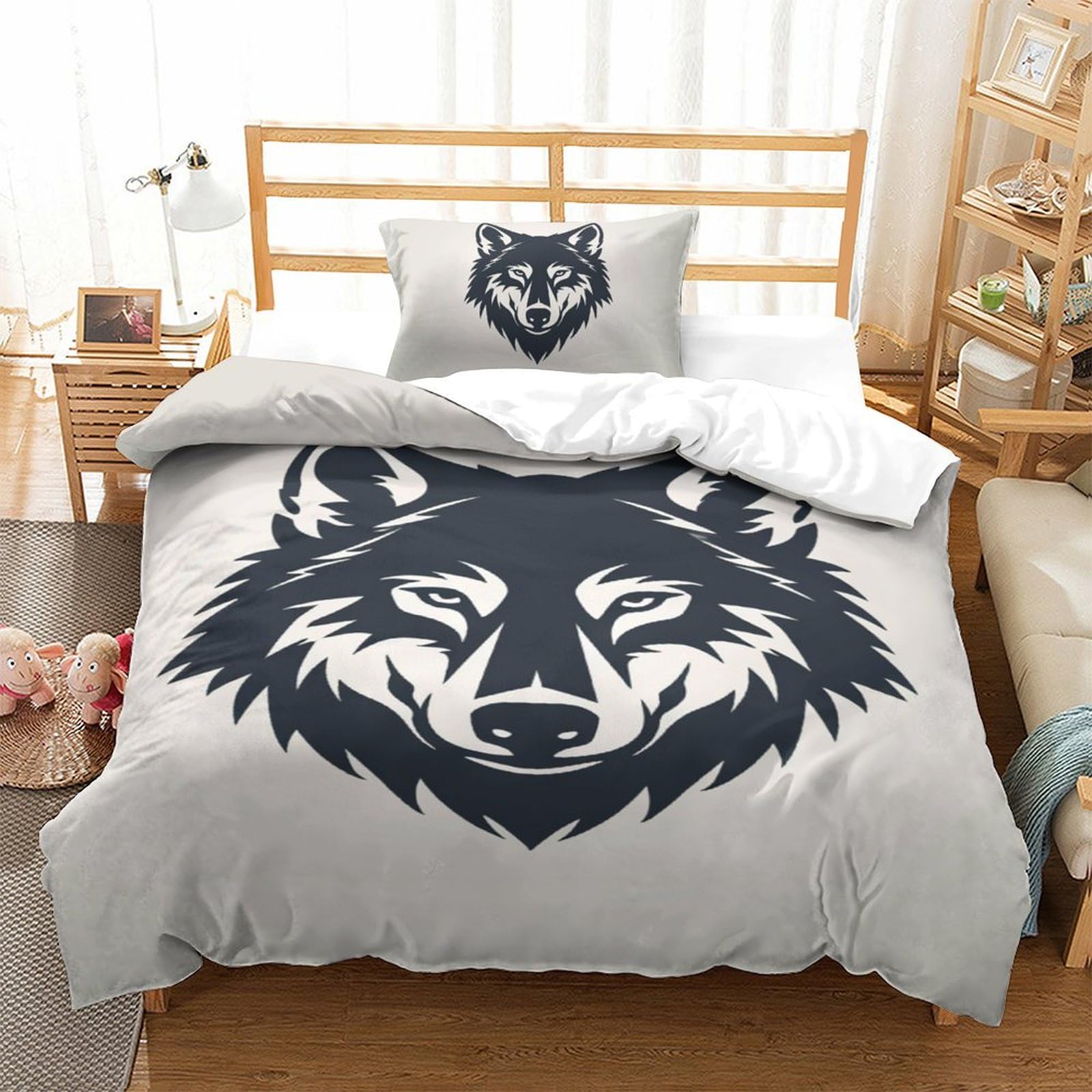 Housse de couette respirante et douce motif loup 3D pour lit simple
