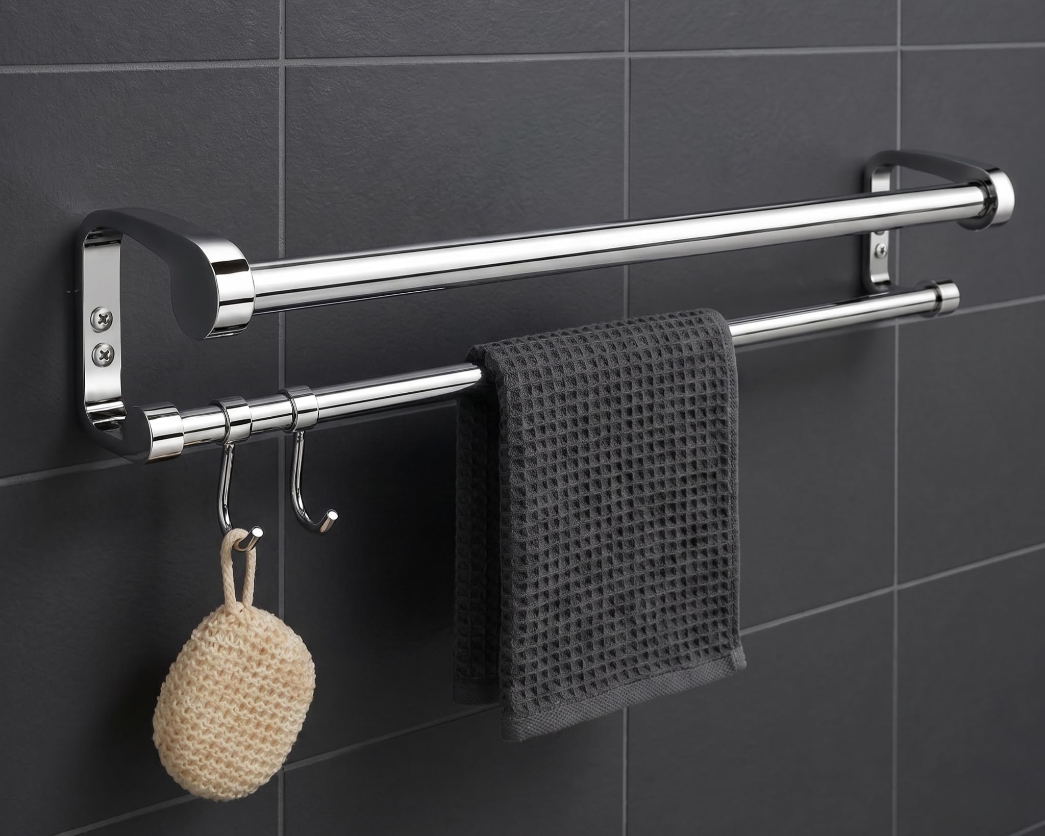 GRIVAN Stainless Steel Wall Mounted 2-Tier Towel Rod with Hooks | Modern Bathroom Towel Rack Bar Rail for Towels, Clothes & Accessories (Silver Chrome, 24 inch)-image-46