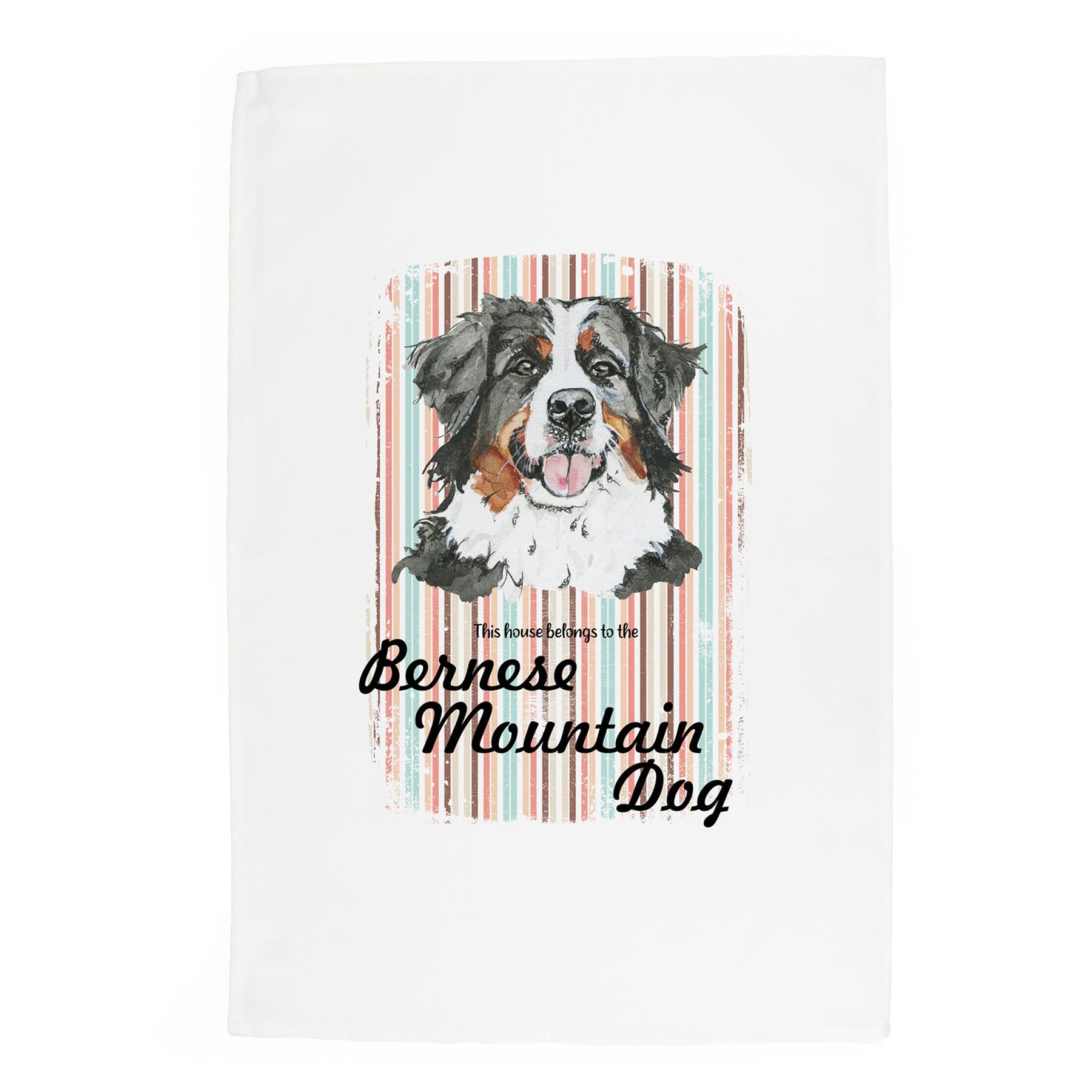 Purely Home Bernese Mountain Dog Tea Towel - This House Belongs to the Dog - Panama Cotton Kitchen Dish Towel/Drying Cloth - 67cm x 45cm - Gift for Dog Lovers