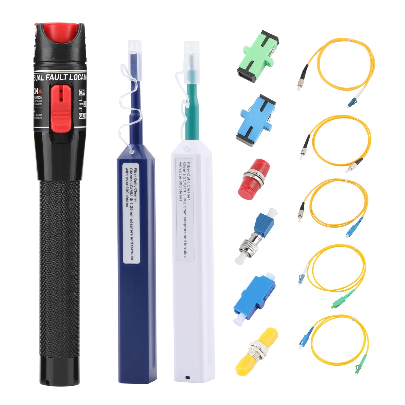 WSOLDMA Fiber Optic Cable Troubleshoot Kit, Visual Fault Locator-50 with 2 Fiber Cleaning Pens, 5 Patch Cords, 1 FC to LC Adapter, 1 SC/ST/FC/LC Coupler (50km Kit)