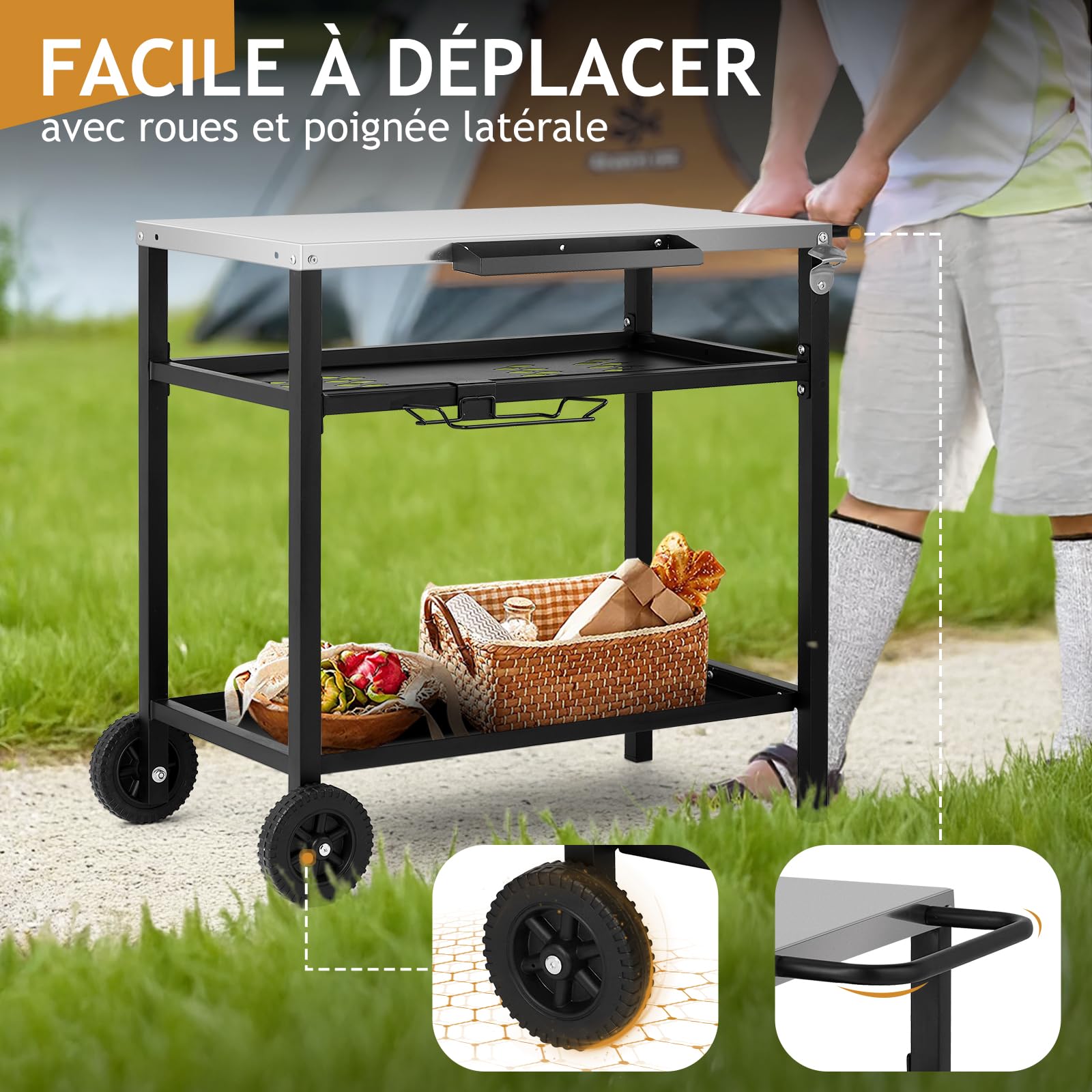 LEADZM Dessertes de Jardin, Chariot de Barbecue Mobile à 3 Niveaux, 97 x 51 x 83 cm, Établi en Acier Inoxydable argenté - desserte Exterieur, Panier avec Filet, Noir