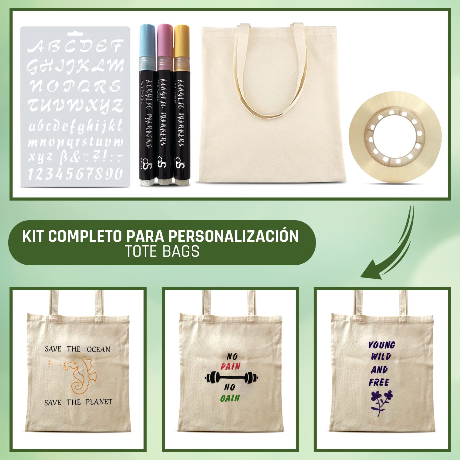 Pack 10 Bolsas Tela Tote Bags Reutilizables Algodon + 12 Rotuladores Acrílicos Tela + 4 Plantillas Abecedario + Celo + Catálogo Ideas. Crea diseños personalizados para regalos, manualidades, arte