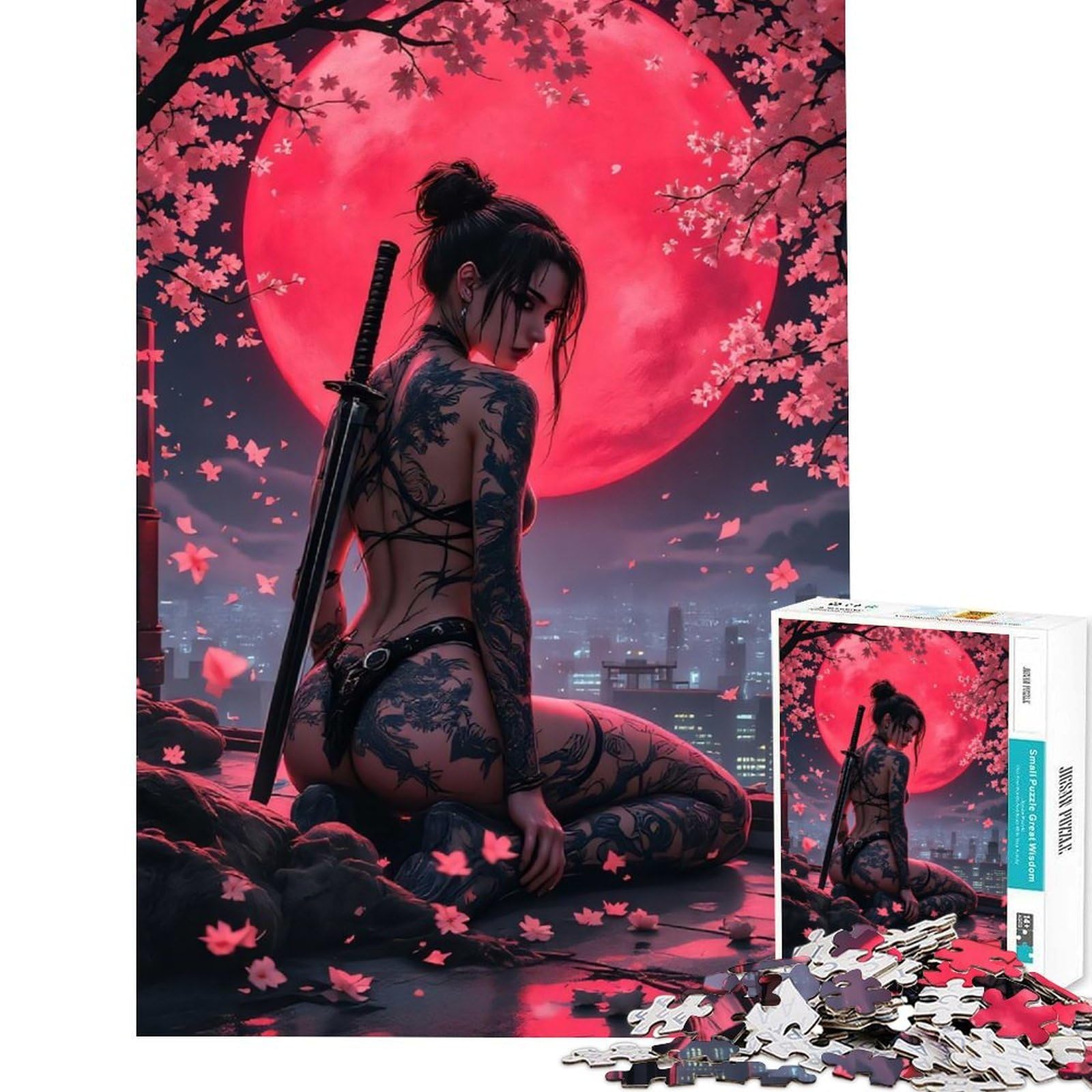 Jigsaw Puzzle 1000 Piece for Adults Tattooed Warrior Under Blood Moon Teenager Puzzles Relaxing Games A Work of Art Unique Birthday And Gifts (Size 75x50cm)