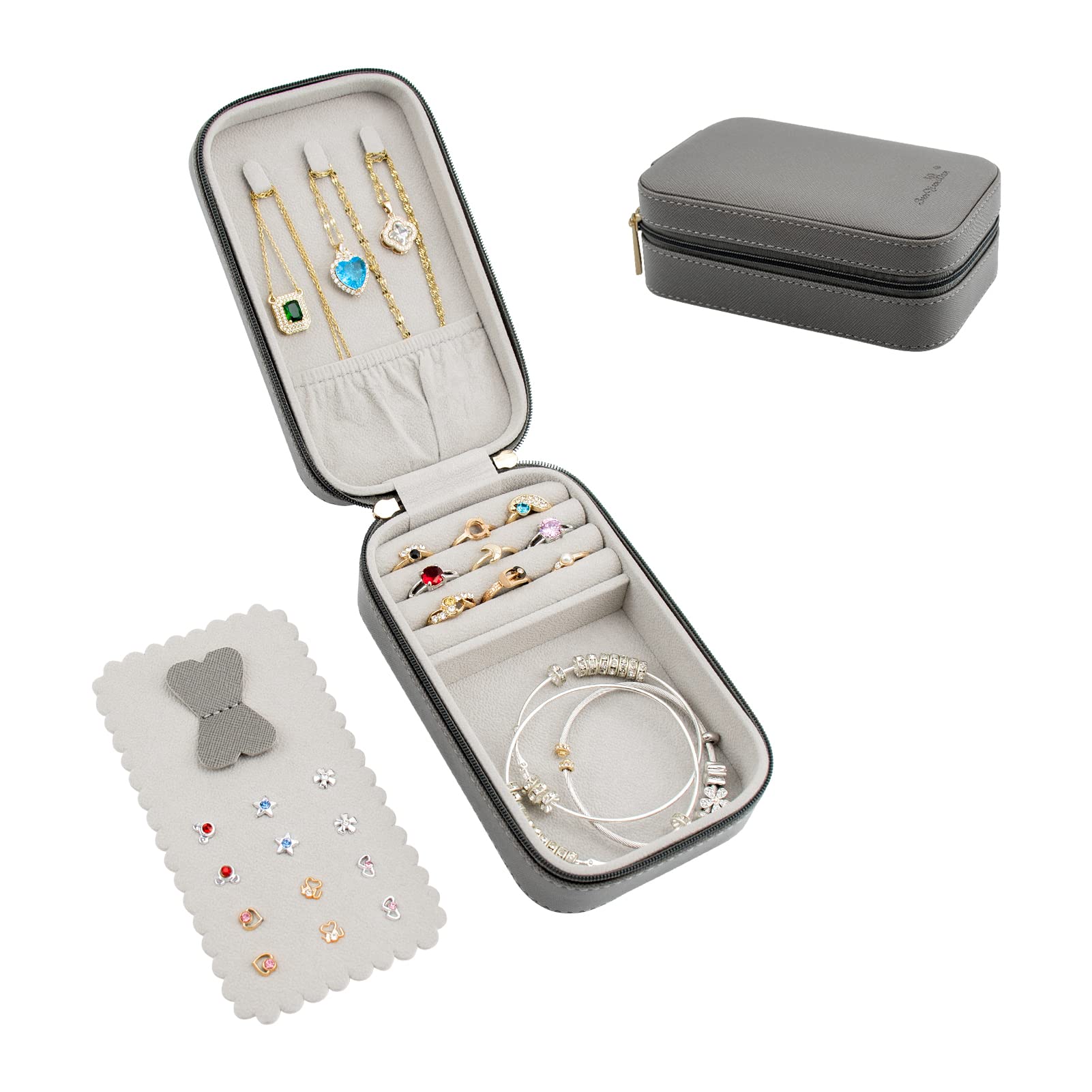 Photo 1 of BONNY DODO Small Travel Jewelry Organizers Box for women with PU Leather Portable Mini Jewelry Case with compartments for Necklace Rings Earrings,Luxury Giftable boxes. (Gray, M)