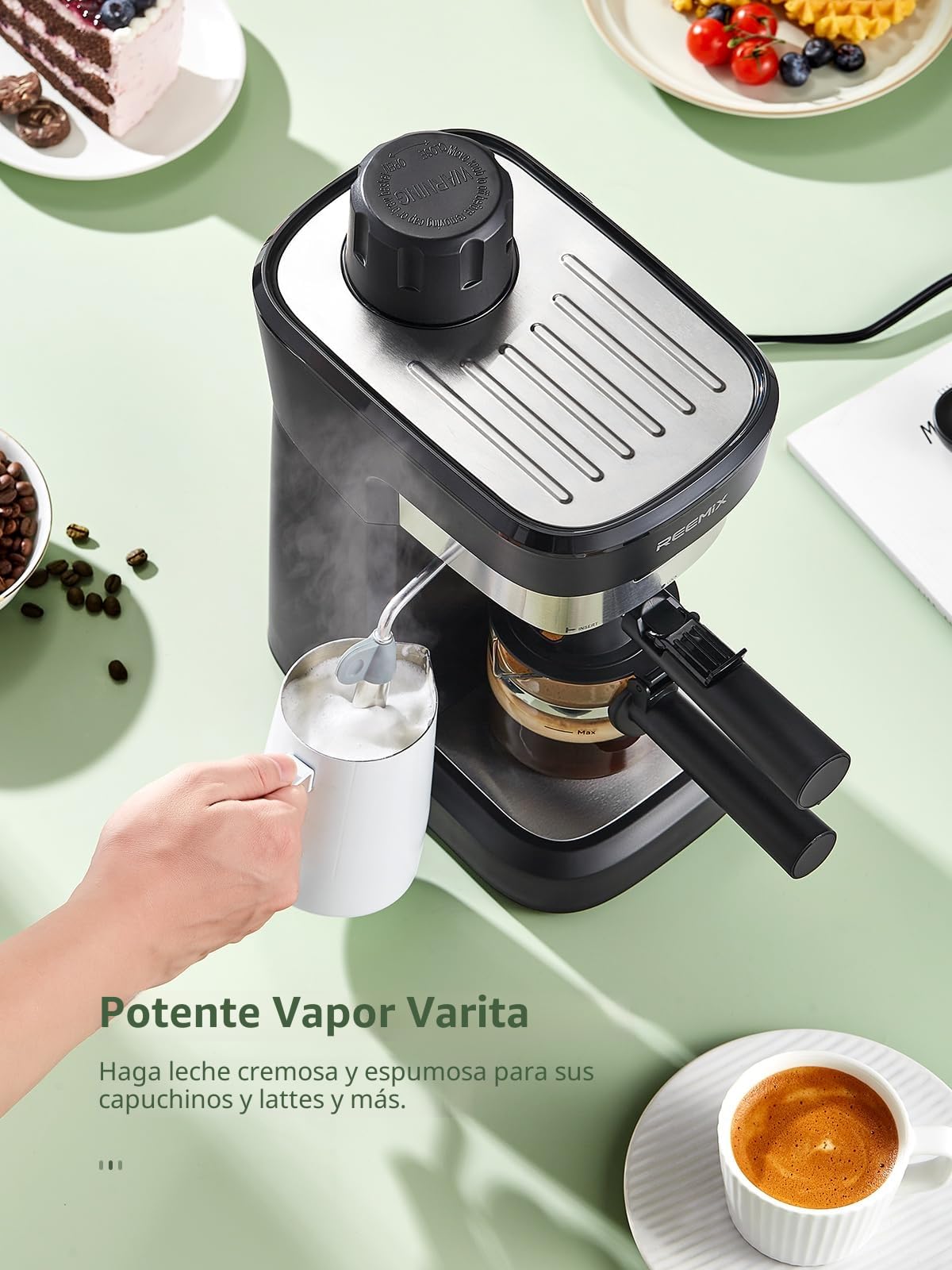 Reemix Máquina de Café Espresso Manual 6 Bar para Café Molido, Cafetera Compacta con Función Vapor y Espumador de Leche, Cappuccino Cremoso, Calientatazas, Jarra de Cristal, Negra