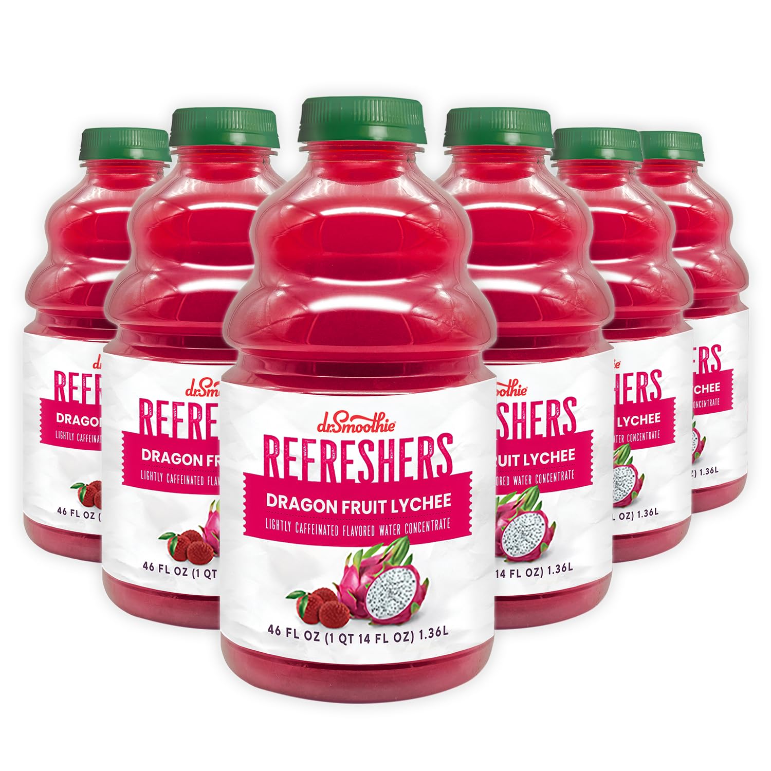 Dr. Smoothie Refreshers Dragon Fruit Lychee – Made with Real Fruit Juice – Drink Concentrate, No Artificial Colors, Shelf-Stable – Lightly Caffeinated with Green Coffee Extract (Six 46 oz Bottles)