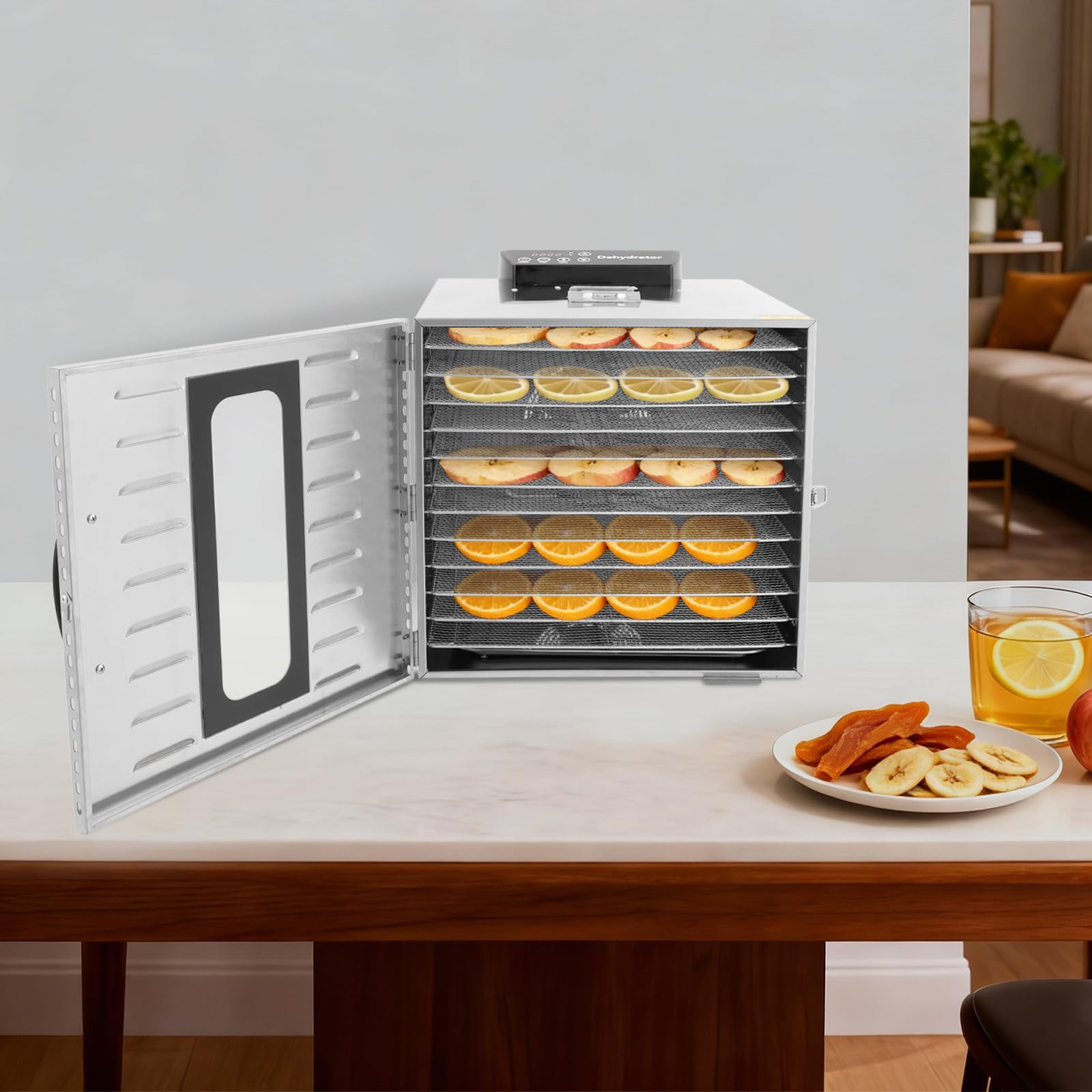 Déshydrateur en acier inoxydable 12 niveaux 1000W 30-90°C | 12 grilles et ventilateur de séchage à 360° avec minuterie pour fruits, légumes, herbes, viande et noix