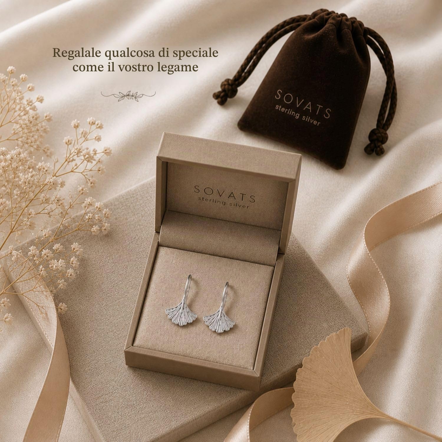 SOVATS Orecchini pendenti Ginkgo in Argento Sterling 925, Placcati in Rodio, Design minimalista, Senza nichel, Ipoallergenici, Elegante gioiello per donna