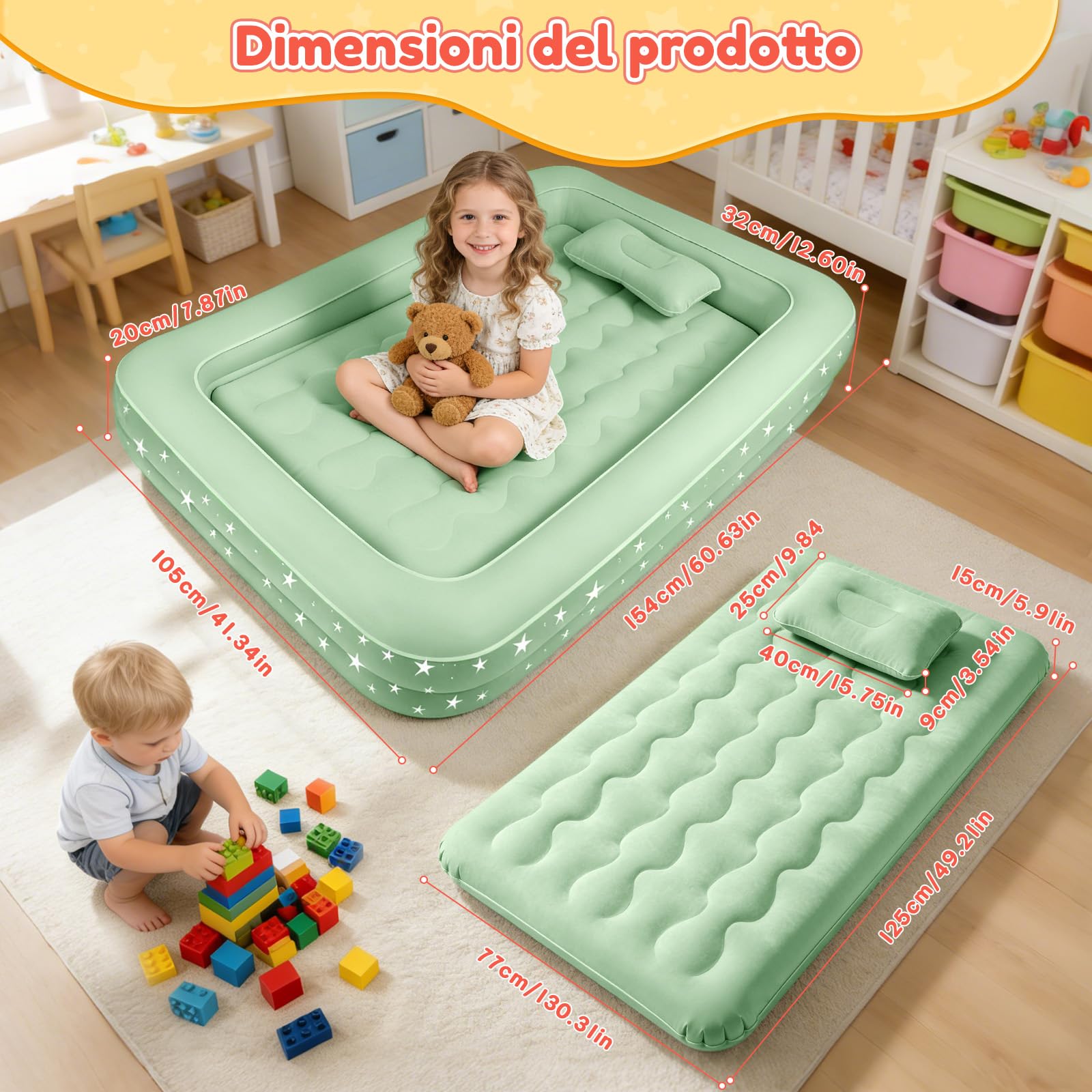 IEEILULU Materasso Gonfiabile per Bambini, Letto Gonfiabile Singolo con Pompa Elettrica, Cuscino Materasso Floccato Autogonfiabile per Campeggio o uso Domestico155x105x32 cm (Verde)