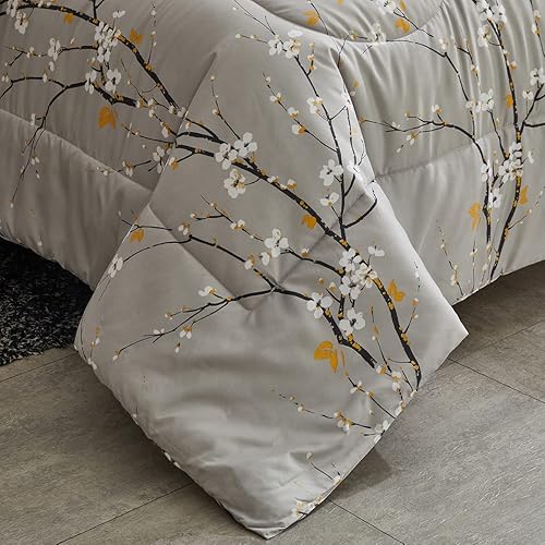 Miniatura 6 de Juego de edredón gris de 3 piezas tamaño individual para niños, rama de árbol, bronceado, blanco, flores, microfibra, reversible, suave, para todas