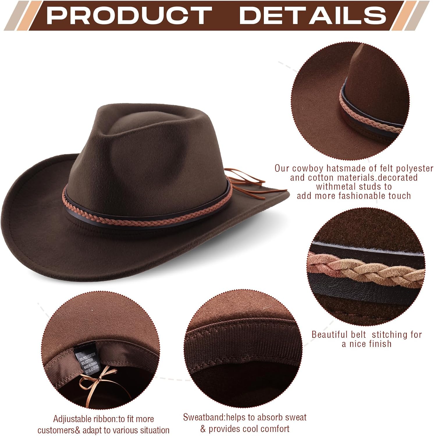 Chuarry 4 Pcs Women Men Felt Western Cowboy Hats Wide Brim Cowgirl Hats Panama Hat for Adults Costume Outdoor (Coffee, Khaki, Beige, White), Medium - Image 3