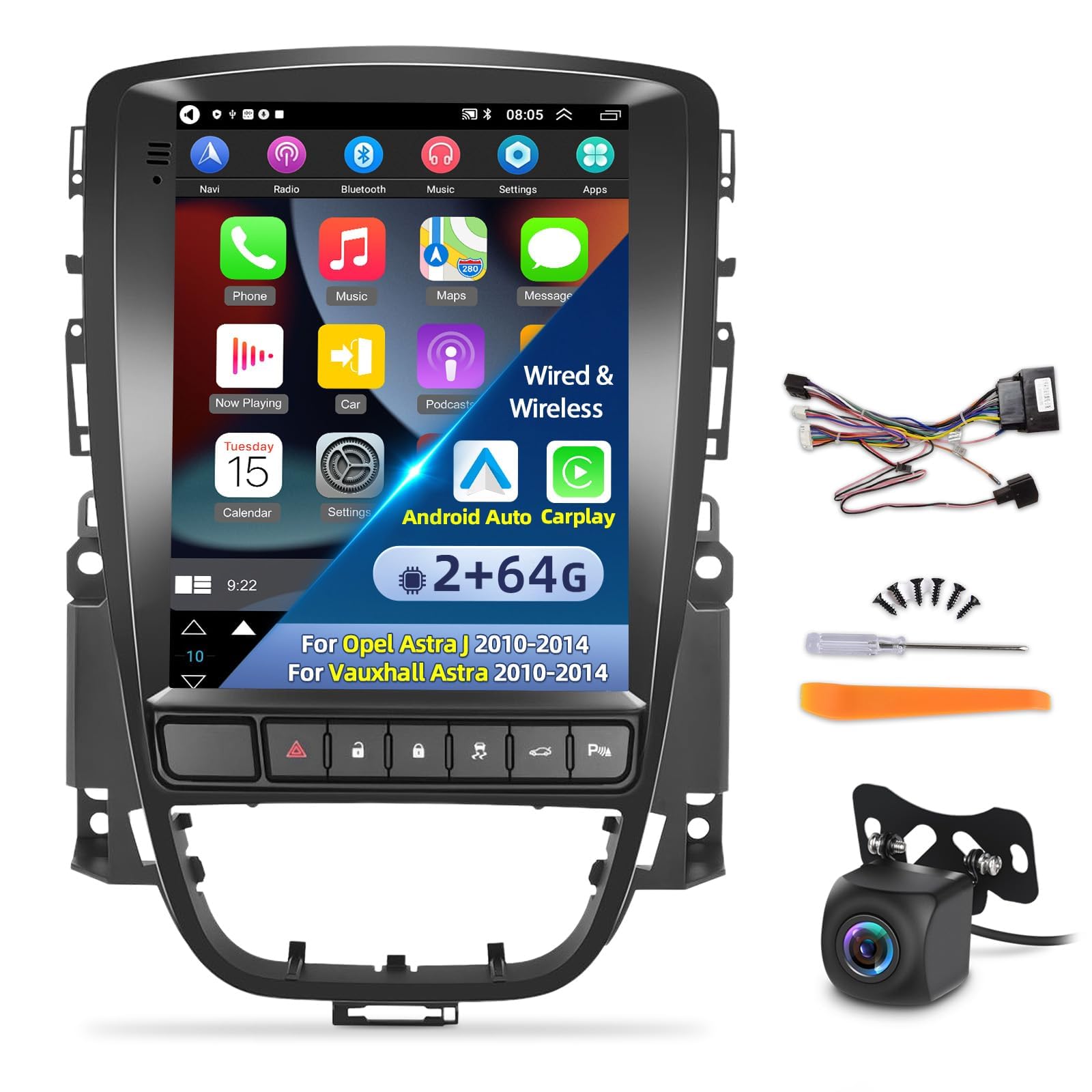 [2G+64G] Vertical Car Radio for Opel Astra J/Vauxhall Astra 2010-2014, 9.7 inch Android Touch Screen Stereo, Apple Carplay/Android Auto/Hi-Fi Audio/1080P/SWC/Bluetooth +AHD Backup Camera+MIC