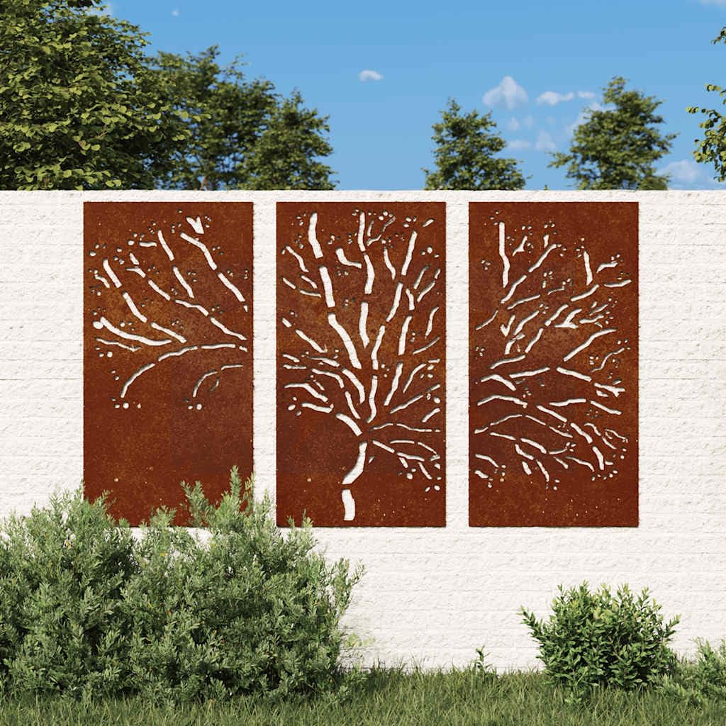 vidaXL Rustic Corten Steel Patio Wall Decorations, Set of 3, Tree Branch Design, Weather Resistant, Easy Installation, Garden Wall Art 41.3 x 21.7 Inches