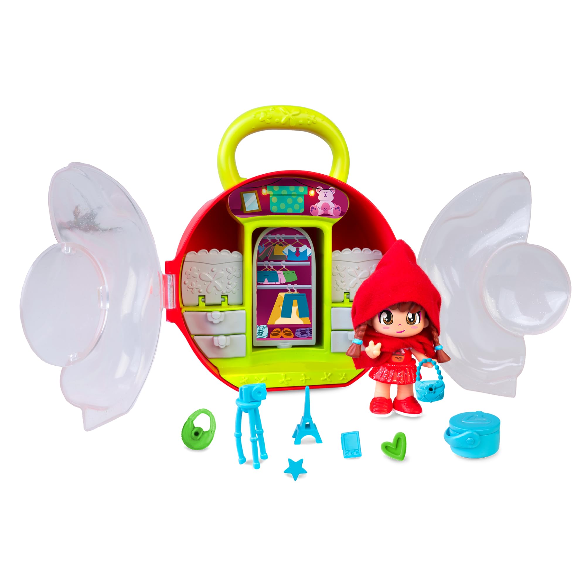 Cuentos con Bolsito Pinypon Famosa - Bolso Rojo Asa, Armario para Figuras Caperucita Roja, Incluye 3 Accesorios Pequeños