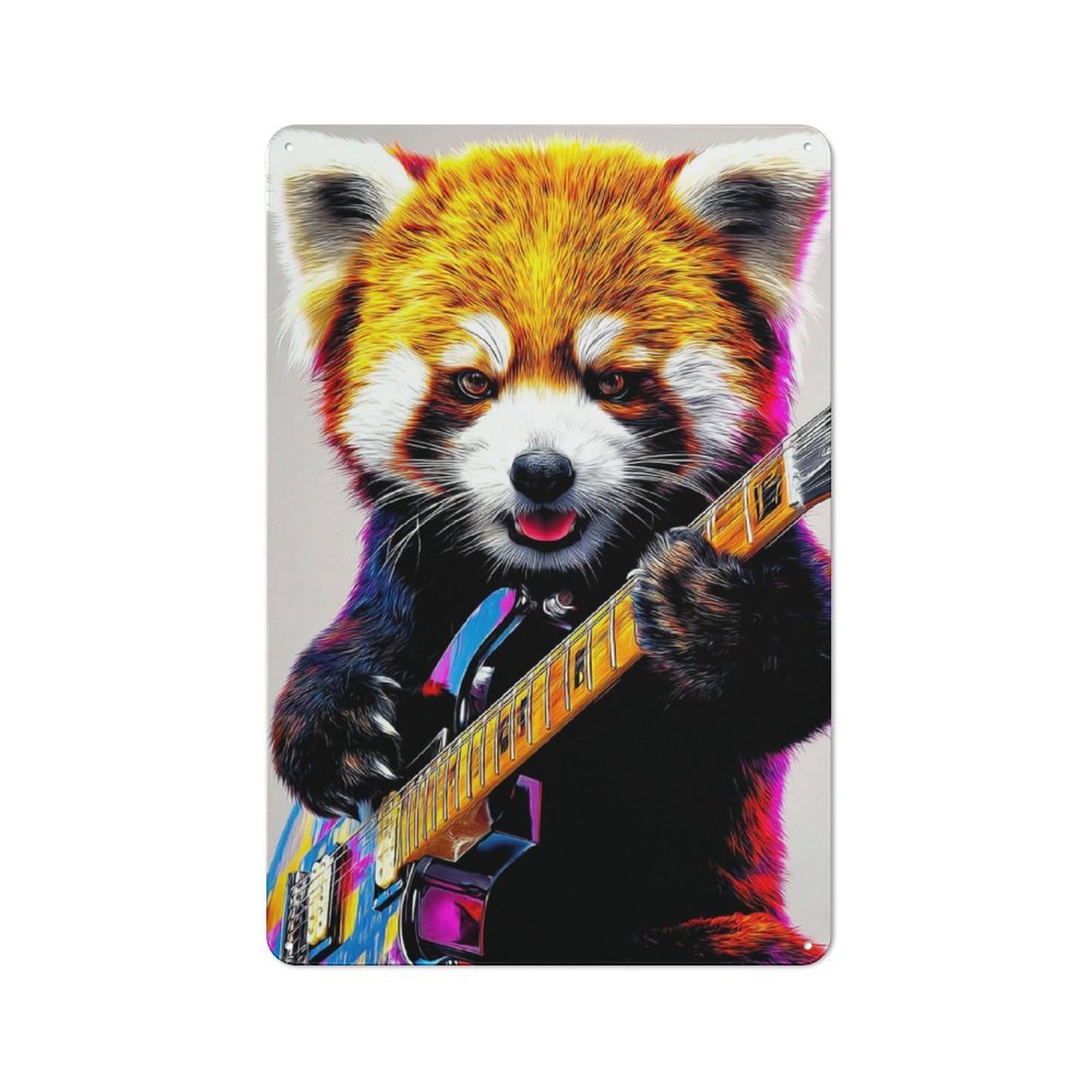 Junmoney Colorful Red Panda Playing Guitar -2 Cottage Metal Wall Decor 30X20cm, Shed Metal Sign For Conservatory, Home Bar Or Utility Room