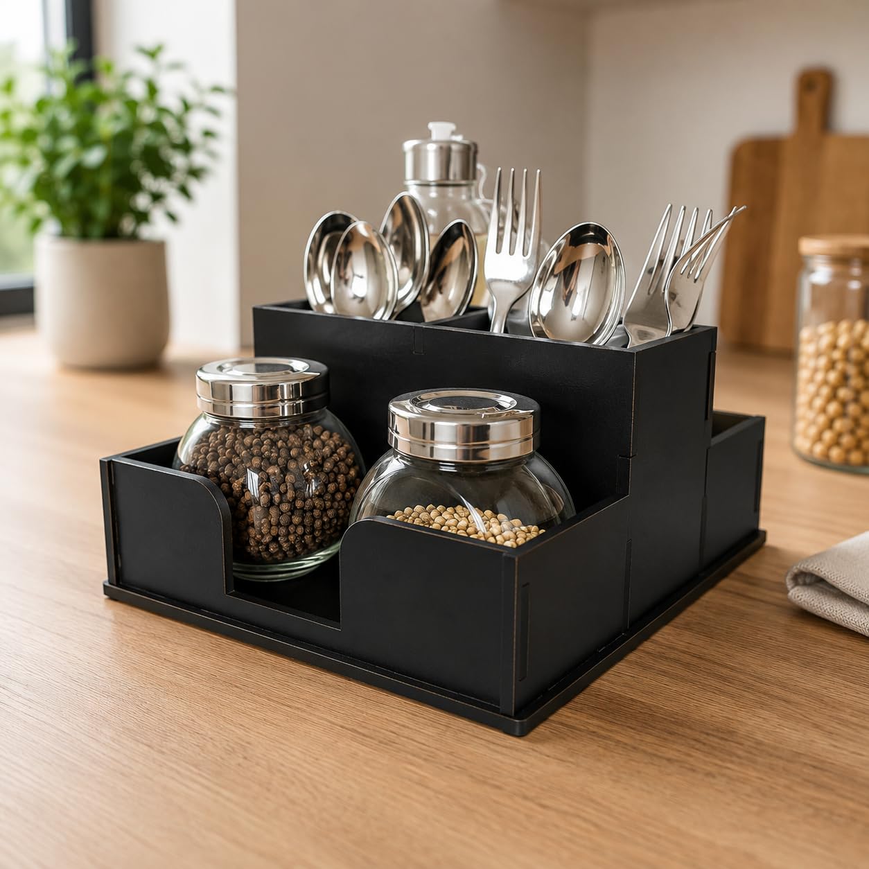Wooden Cutlery Stand with Tissue Holder - Kitchen Organizer -6