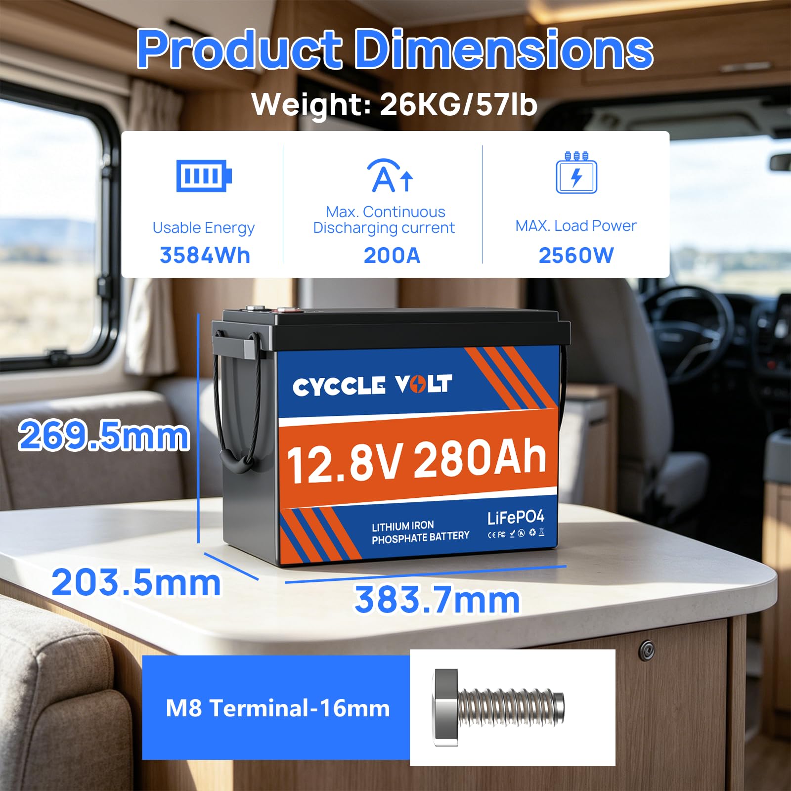 Batteria LiFePO4 12V 280Ah, Mini batteria litio 280ah con BMS 200 A, batteria al litio ferro fosfato a ciclo profondo, ideale per camper, energia solare e barche