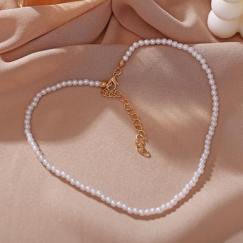 Miniatura 3 de Luxval Collares de perlas para mujer, joyería de perlas blancas crema, chapado en oro de 14 quilates, hecho a mano, delicado collar con cierre de