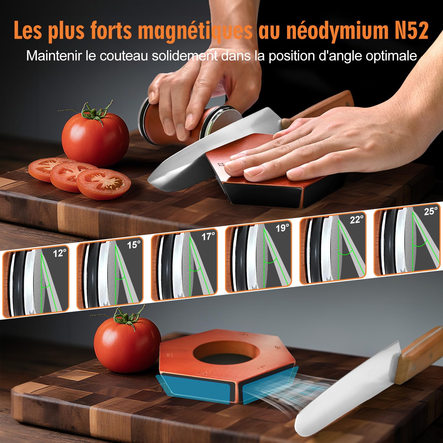 Affuteur de couteaux, knife sharpener avec 4 meules, pour aiguiseur les couteaux de cuisine de manière experte kit d'affûtage simplifié – Compatible avec les angles 12°/15°/17°/19°/22°/25°