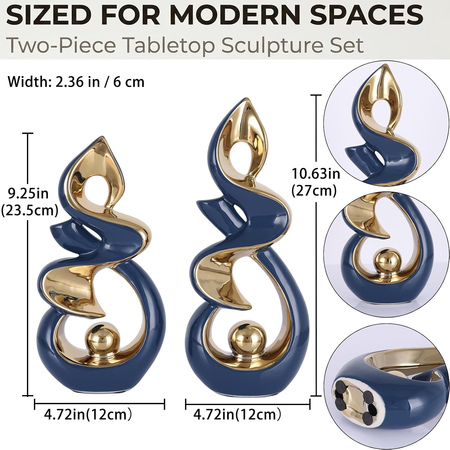 Navy Gold Abstract Ceramic Sculpture Set of 2, Modern Table Home Decor