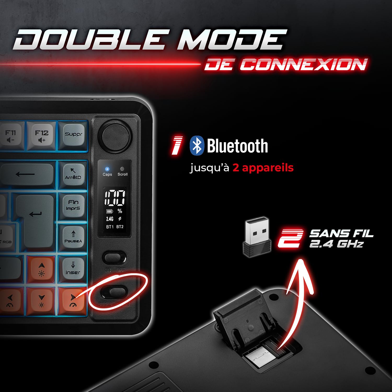 Spirit Of Gamer - Elite K30, Clavier Gamer TKL sans Fil AZERTY, Double Connexion Bluetooth & RF 2,4 GHz, Touches Semi-Mécanique Dont 24 Antighosting, RGB 6 Modes, Écran LCD, 190h Autonomie