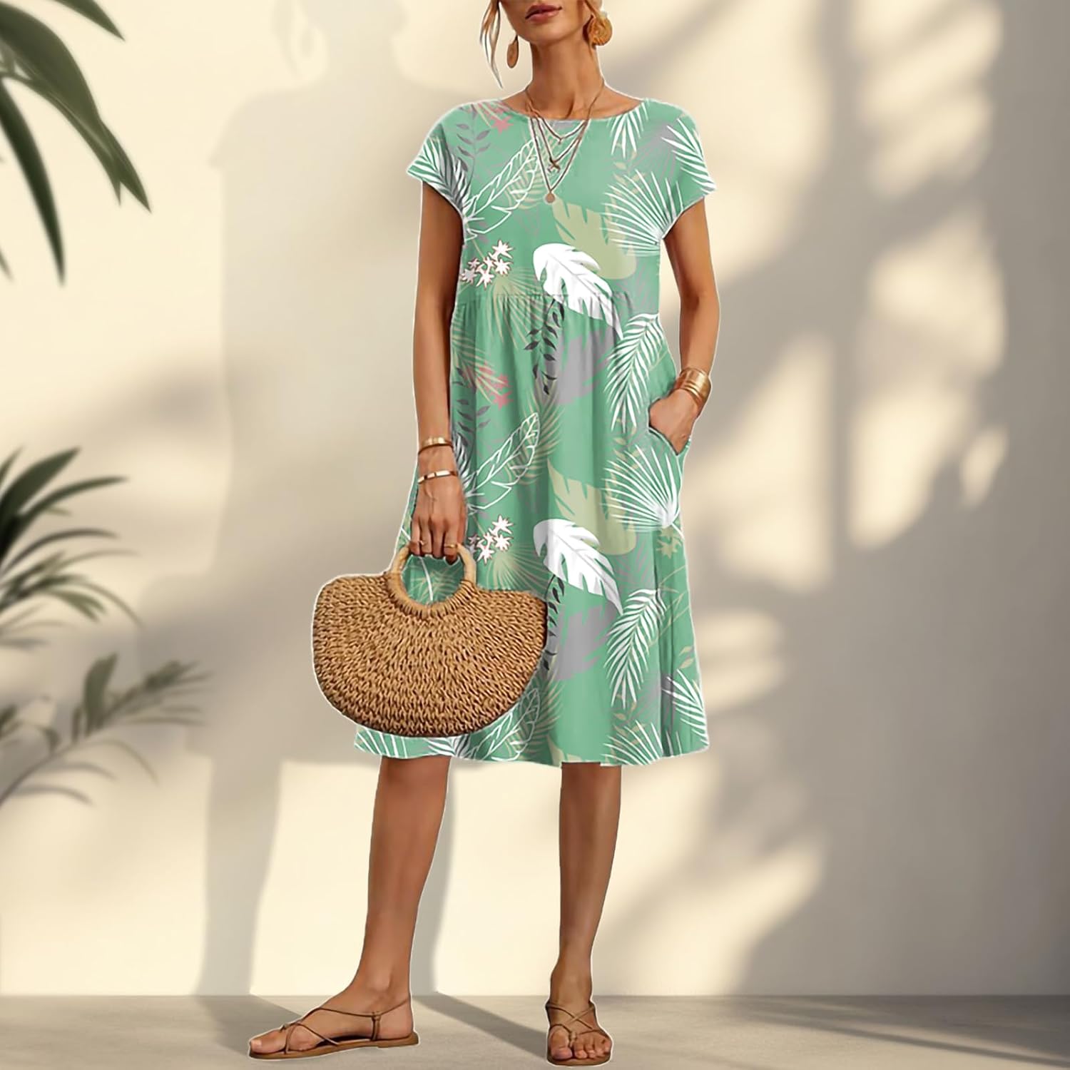Vintage Boho Summer Dresses for Women Floral Graphic Knee Length High Waist Cap Sleeve Beach Outfits with Pockets - Image 2