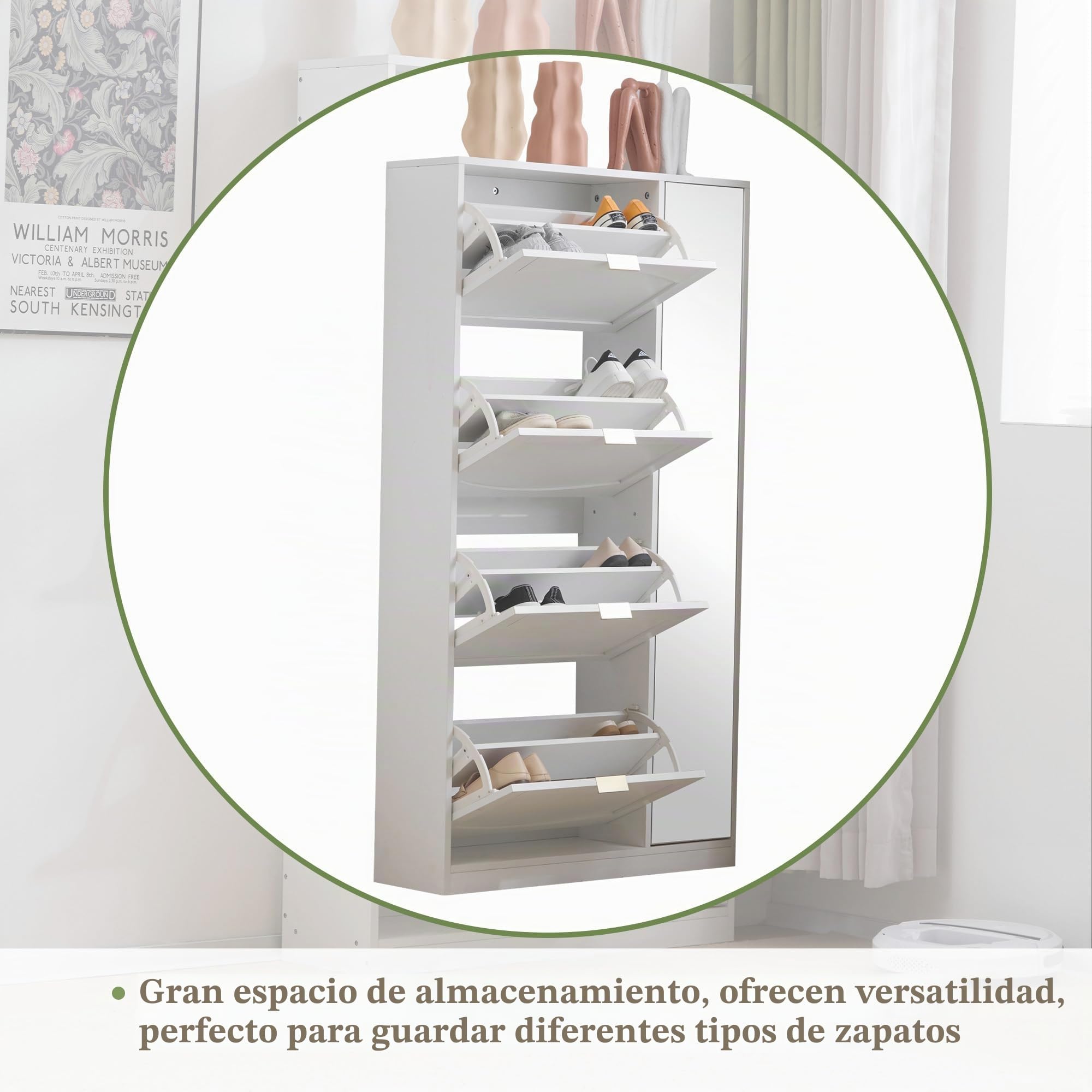 Kebnor Zapatero moderno con espejo, 4 compartimentos plegables, estante ajustable detrás del espejo derecho, ideal para pasillo, color blanco, tamaño: B80/H147/T24 cm