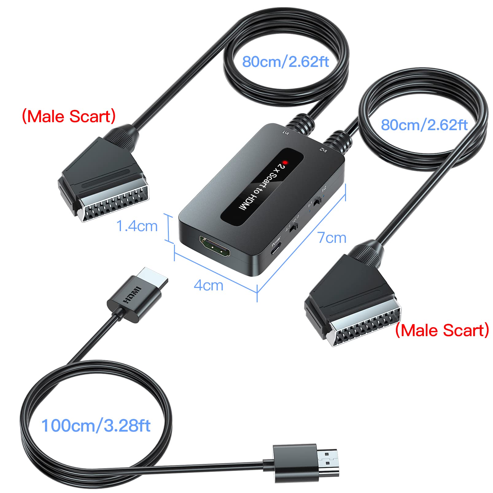 Convertitore 2 x Scart a HDMI con Interruttore di Rapporto 4: 3/16: 9, Dual Scart a HDMI per Dispositivi più Vecchi da Visualizzare su HDTV