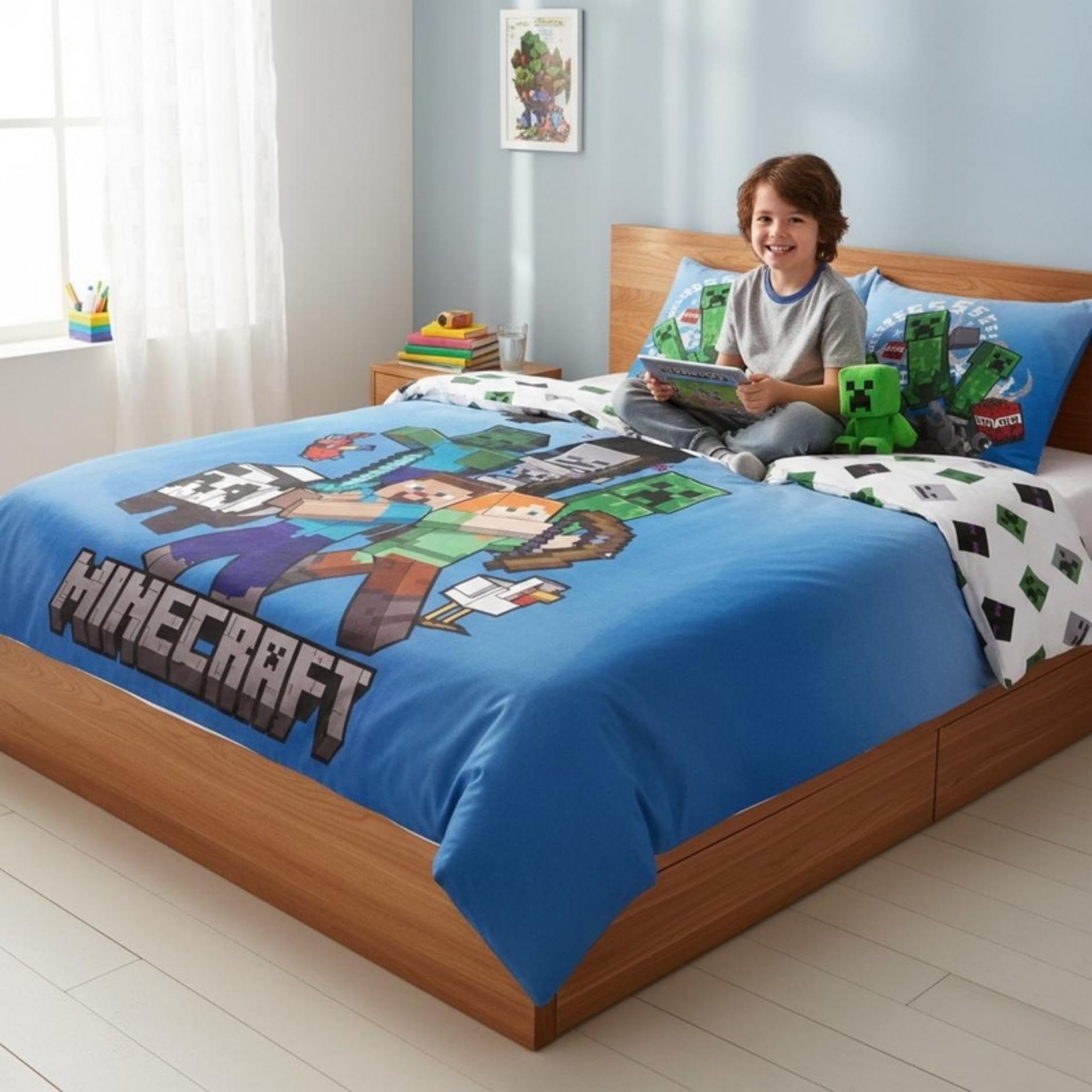Juego de funda nórdica reversible Minecraft de algodón doble, juego de ropa de cama reversible 240 x 220 cm, 2 fundas de almohada 65 x 65 cm, 100% algodón (Minecraft Set)