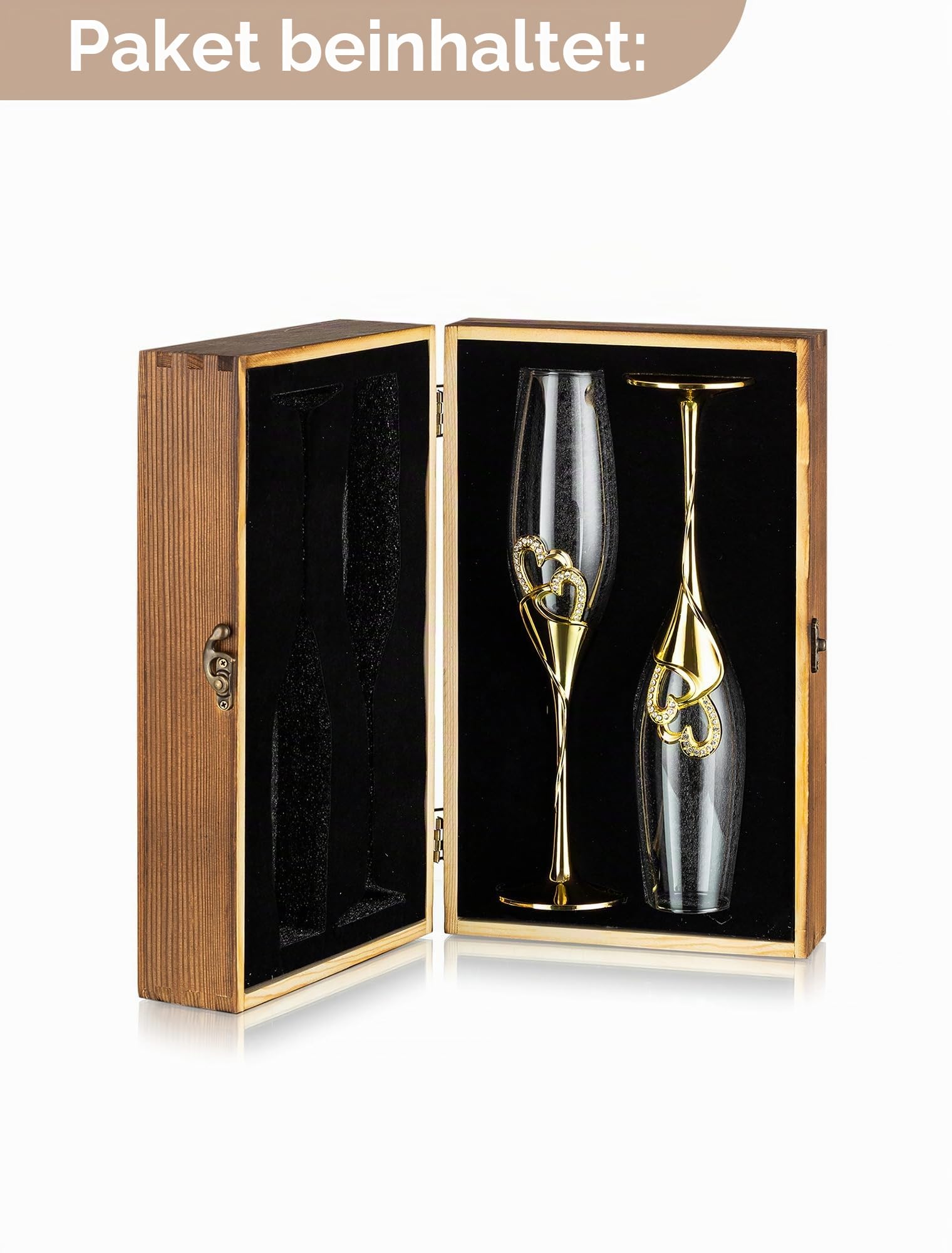 NUPTIO Sektgläser Hochzeit Kristall mit Holzschatulle, für Brautpaar | 2 Stück Personalisiert Gold Champagnergläser Hochzeitsgeschenke für Verlobung, Jubiläum, Hochzeit