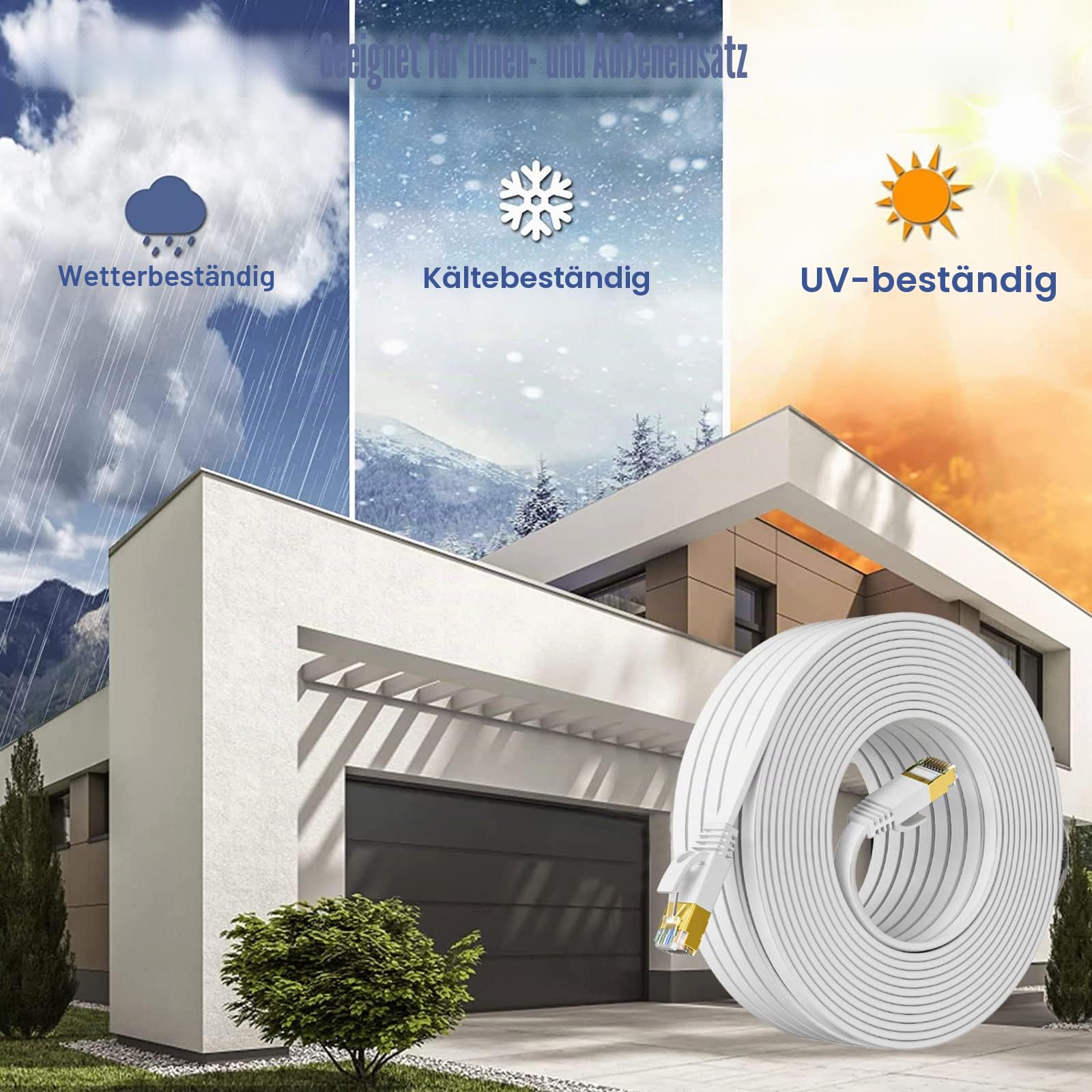 LAN Kabel 50 meter, Cat 7 Netzwerkkabel 50m Outdoor Indoor, Hochgeschwindigkeit Flach Ethernet kabel 600MHz 10Gbps, S/FTP Weiß Gigabit RJ45 Internet Patchkabel Wasserdicht für Router Xbox (50 Clips)