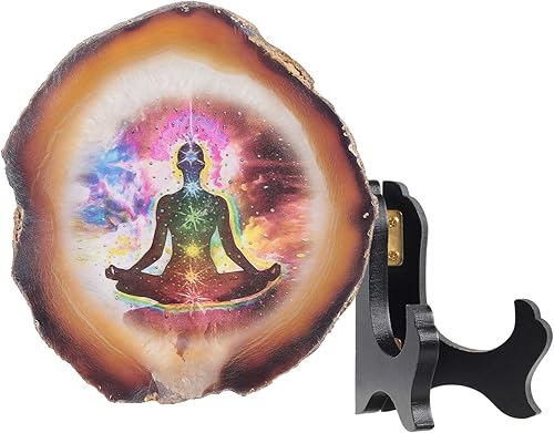 Miniatura 7 de Rockcloud Losa de ágata de 7 chakras con soporte de madera, piedra curativa de ágata de chakras, forma irregular, adorno de escritorio de oficina en