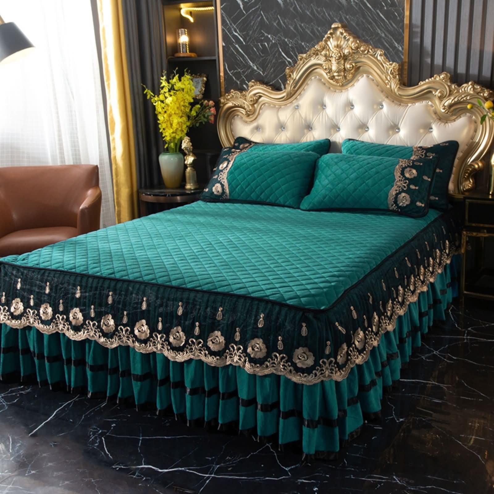 Set 3 Pezzi Lenzuola Angoli Poliestere, Motivo di Tinta Unita con Pizzo Ricamato, 180 x 220 CM + 2 Federe, Verde