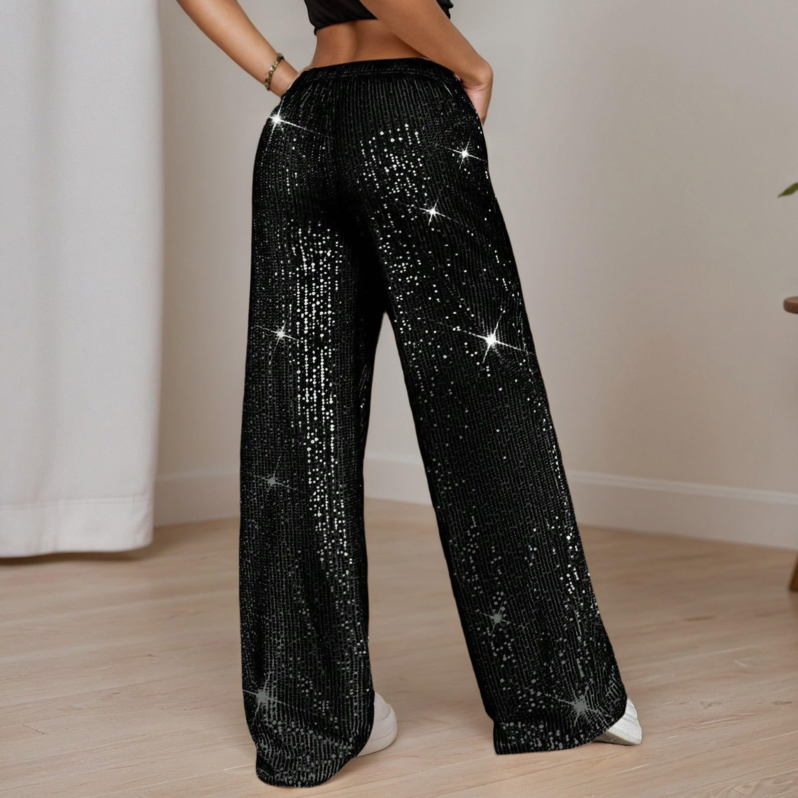 Generisch Pailettenhose Damen Elegant Einfarbig Lange Glitzer Hose Silvester Outfit Pailletten Karneval Kostüm Pailletten Hose Weites Bein Freizeithose Elastischem Bund Schlaghose