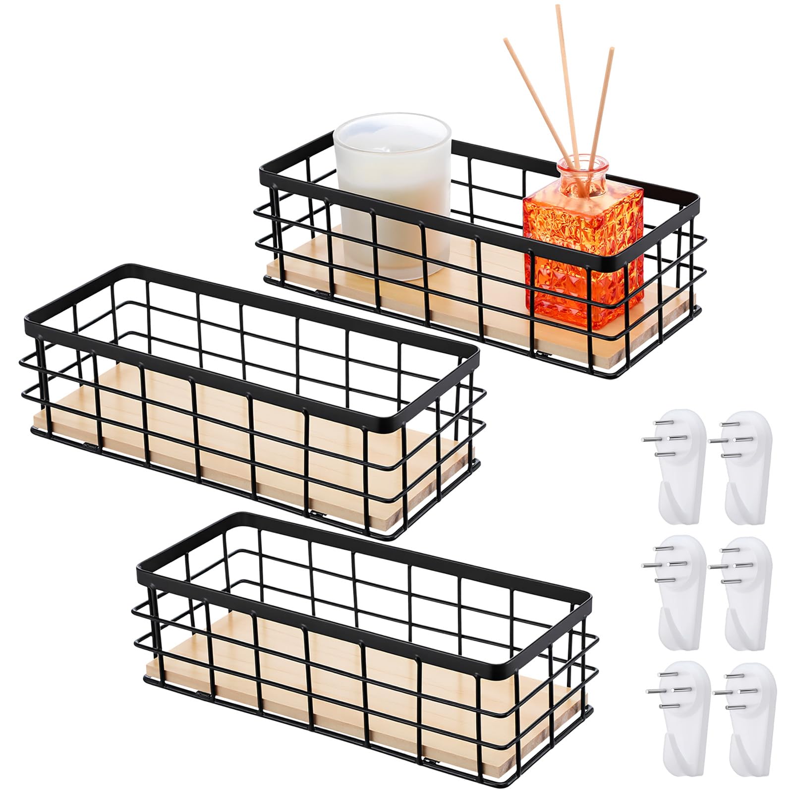 Photo 1 of 3 Pack Small Metal Wire Storage Basket, Detachable Wood Base Storage Organizer Bin for Kitchen Cabinets, Bathroom, Pantry, Laundry Room & Garage – Black & Wood Color