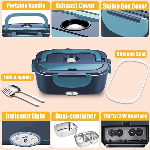 Miniatura 6 de Fiambrera eléctrica para adultos, calentamiento rápido de 80 W, 12 V24 V110 V, recipientes dobles de acero inoxidable, portátil para automóvil,