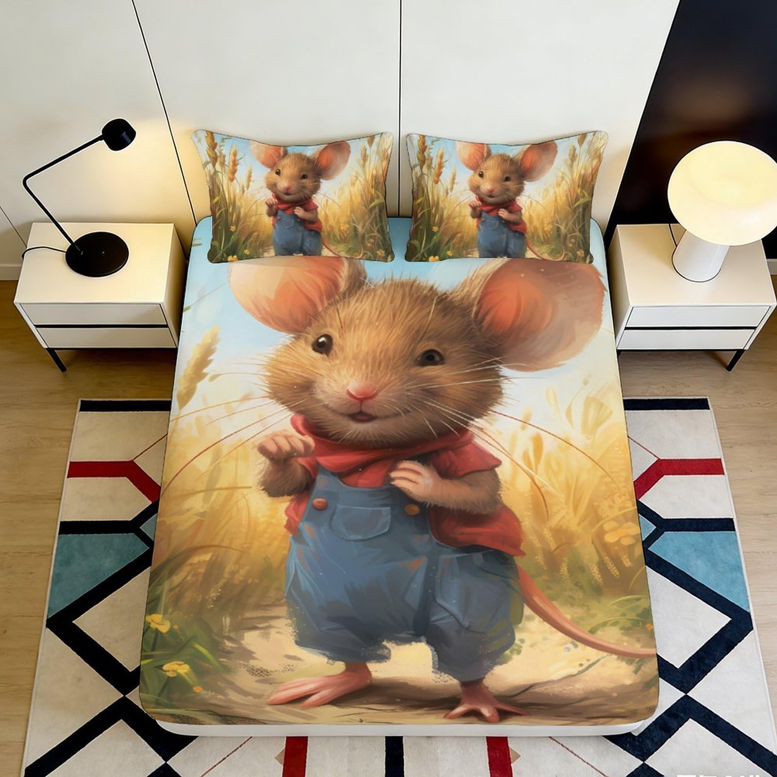 3D Printed Cute Mouse Cartoon Fitted Sheet Microfiber Soft Anti-Slip Bed Cover for Bedroom Dorm Decoration 90x200x25cm
